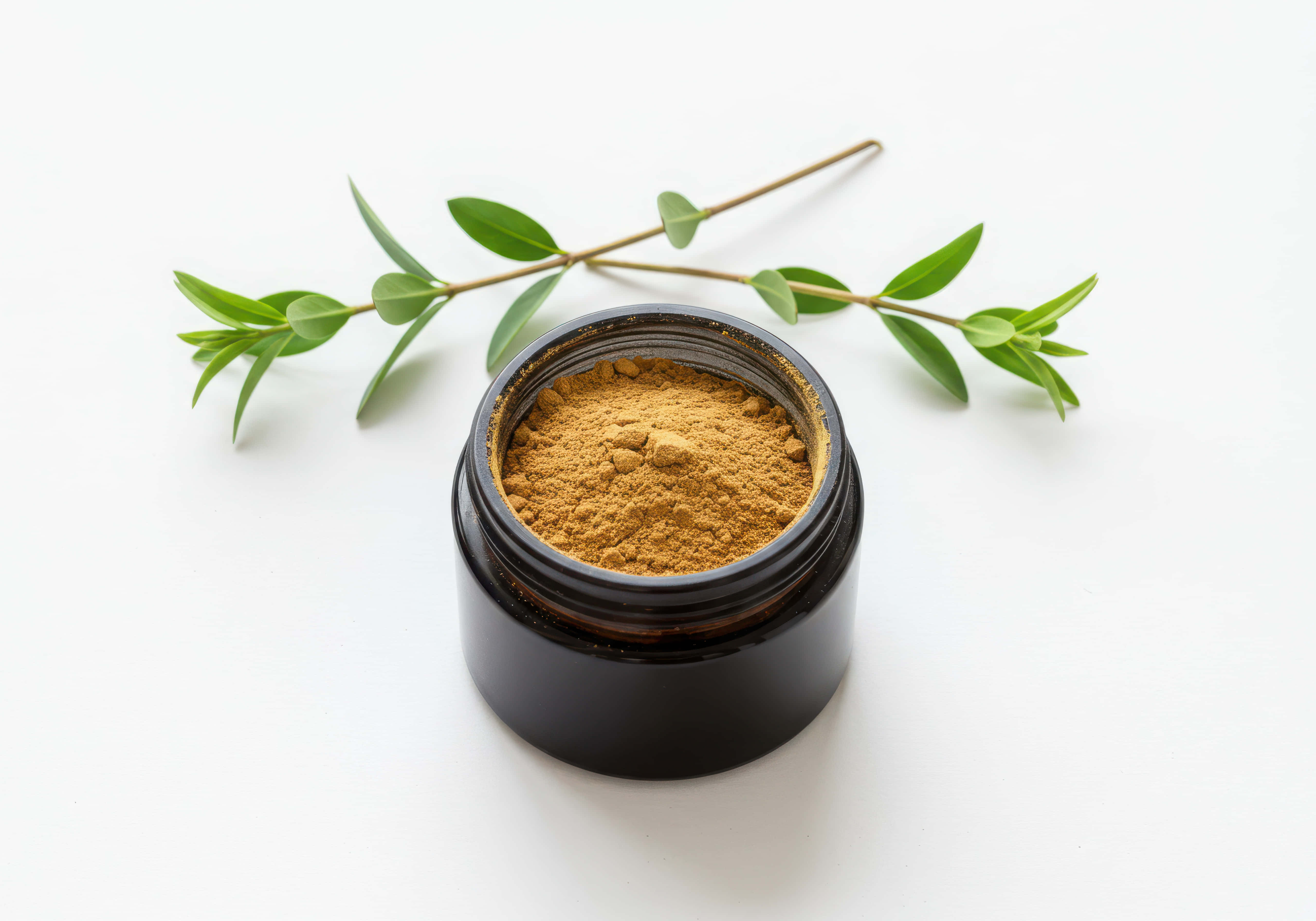 black jar, golden-brown powder, sprig of green leaves, 5K Desktop Wallpaper