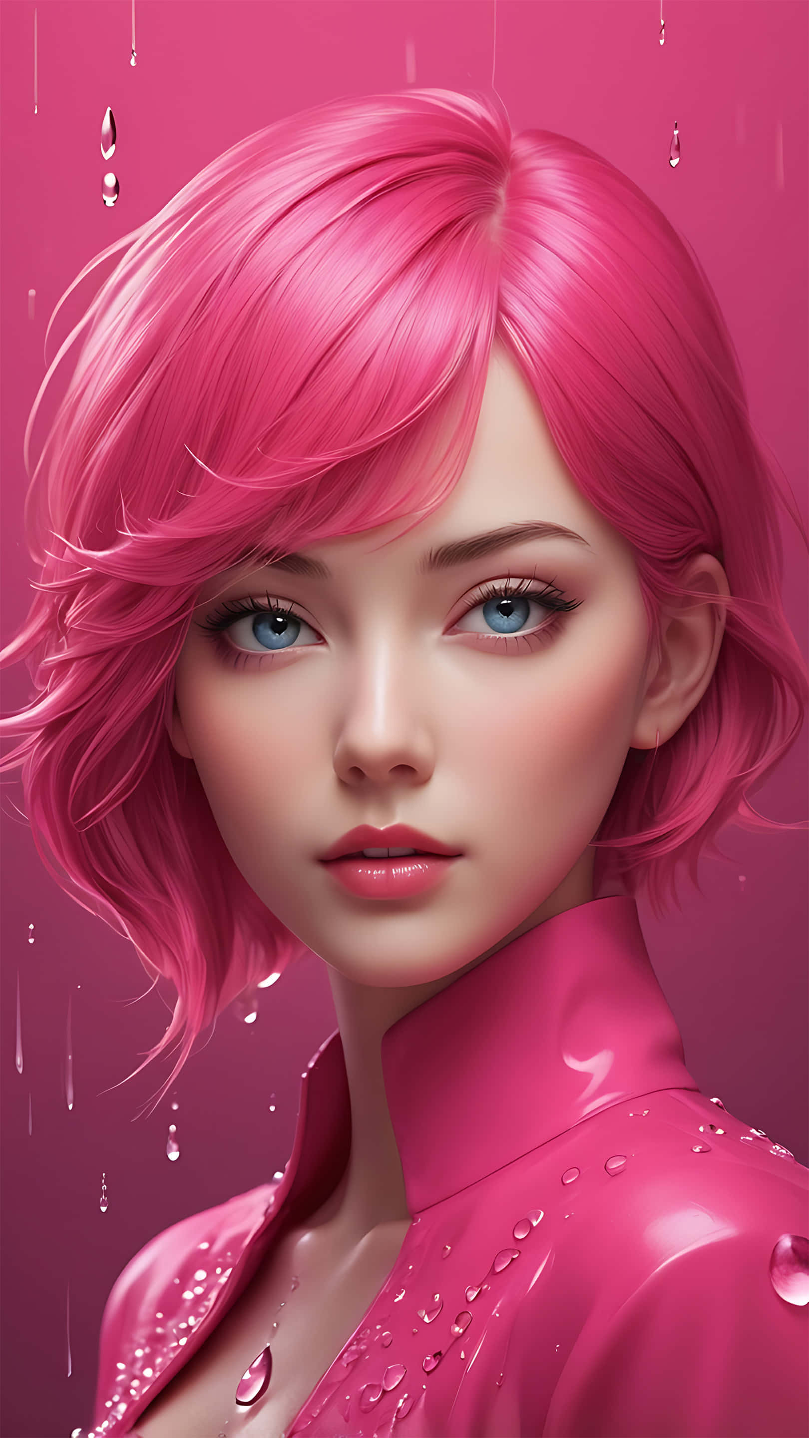 pink hair, glossy jacket, falling raindrops, 2K Phone Wallpaper