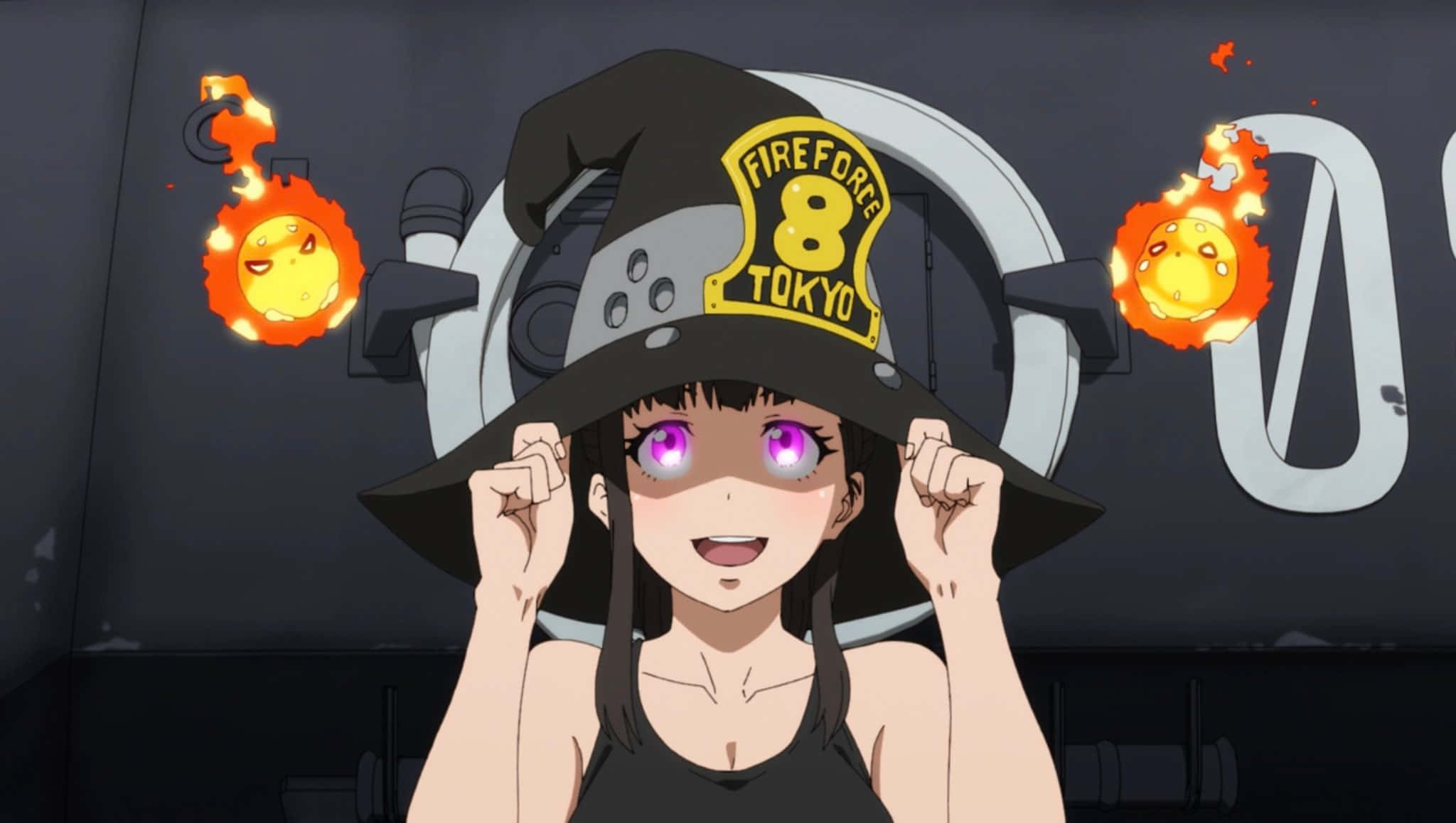 Maki Oze, firefighter hat, glowing purple eyes, Full HD Desktop Wallpaper
