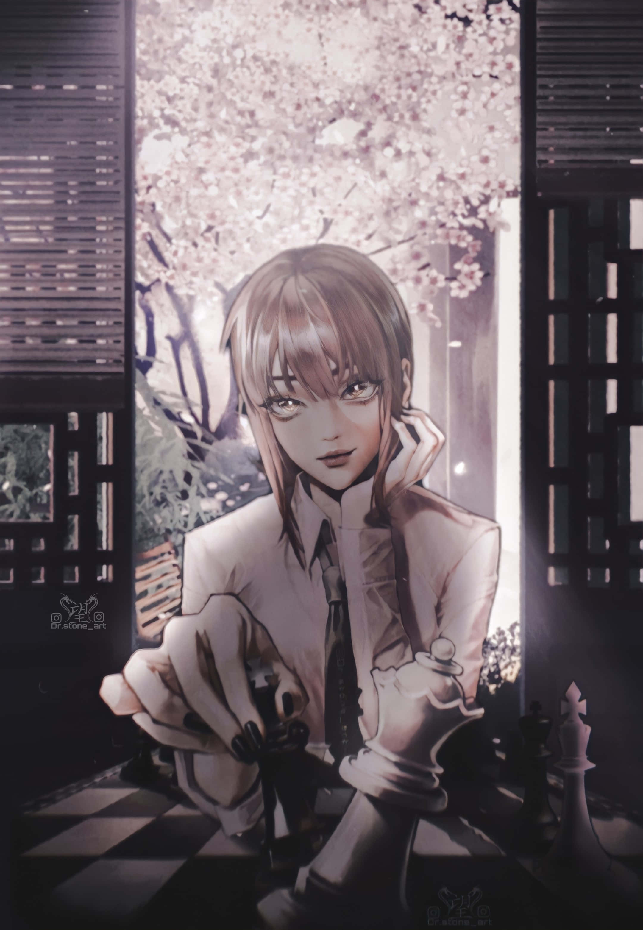 Makima, Chainsaw Man, cherry blossoms, 2K Phone Wallpaper