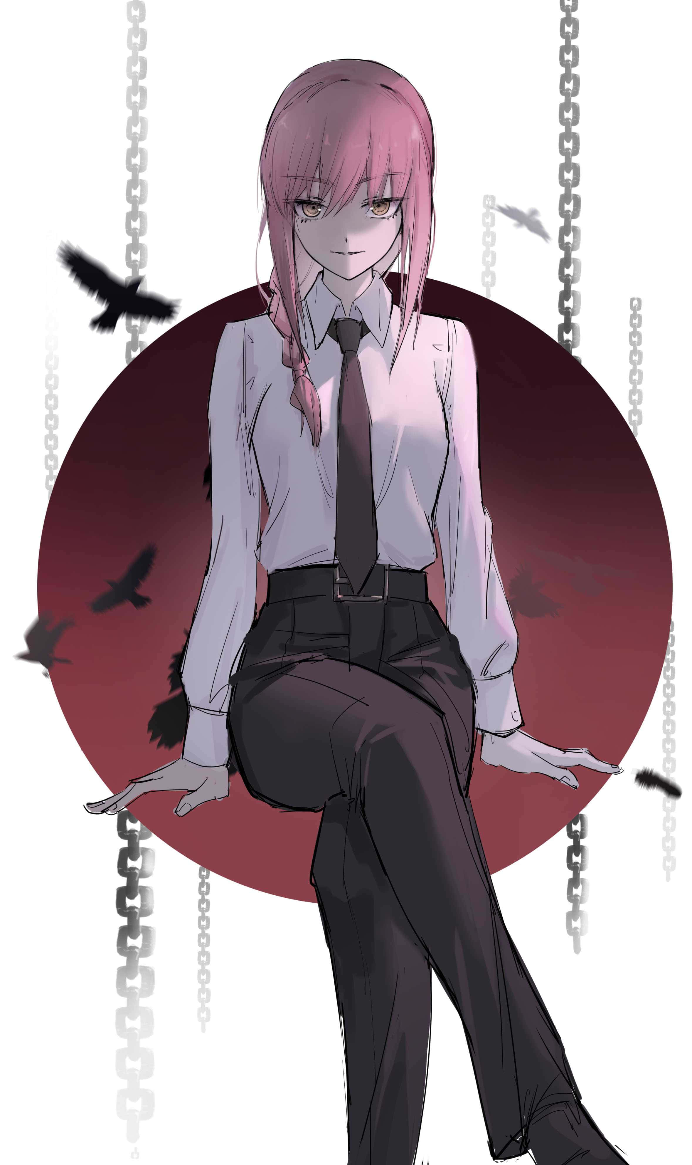 Makima, Chainsaw Man, pink-haired anime girl, 4K Phone Wallpaper