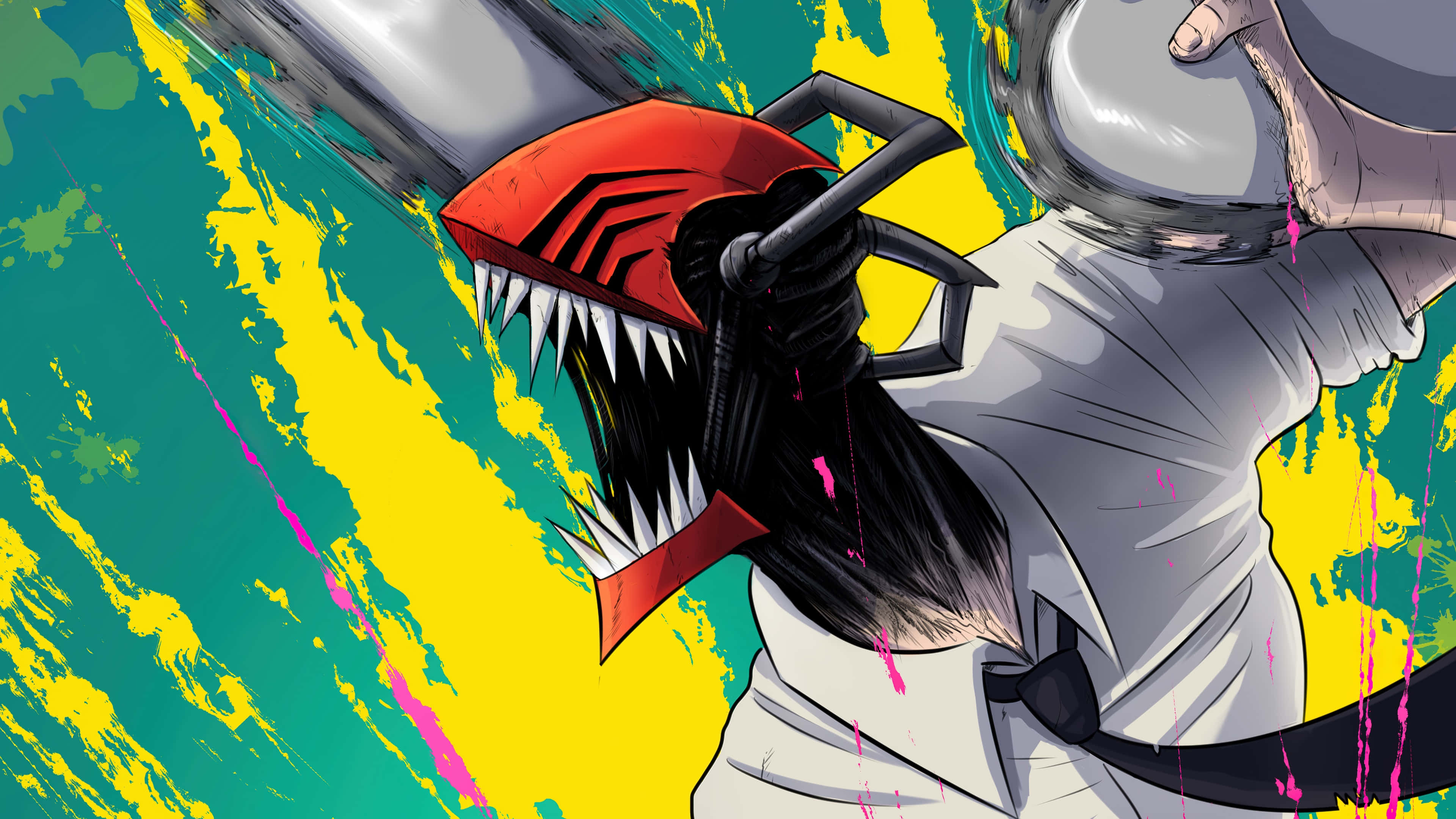 Chainsaw Man, red mouth-like blade, vibrant yellow and teal splatter background, 4K Desktop Wallpaper