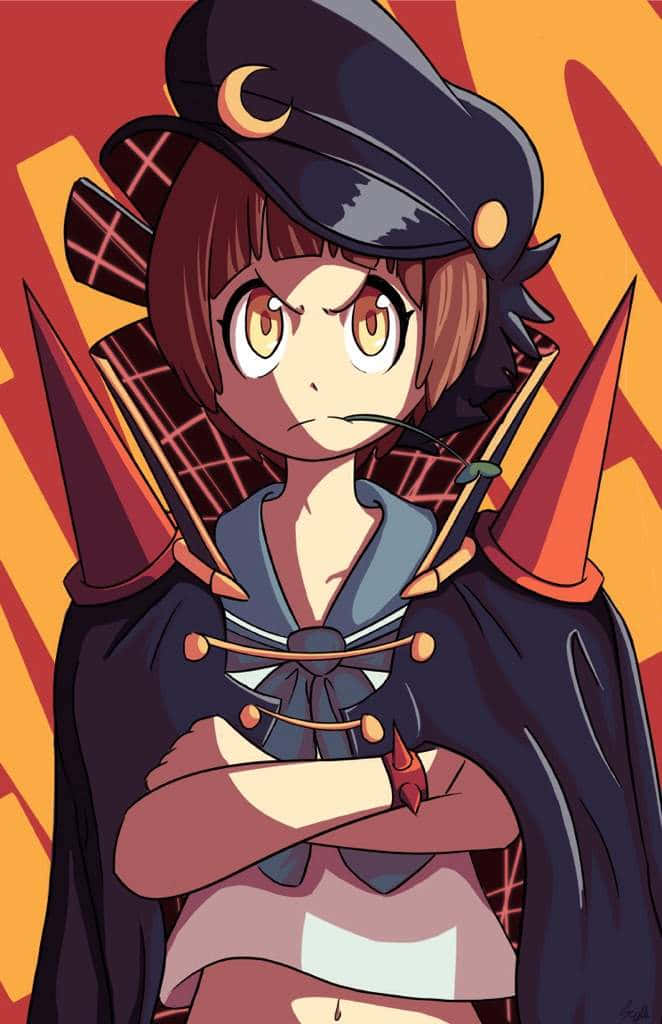 Mako Mankanshoku, crescent moon hat, fiery orange background, SD Phone Wallpaper