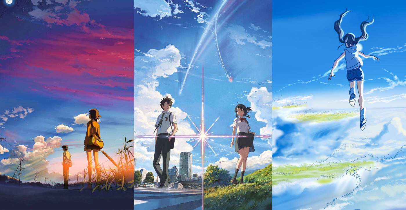 Makoto Shinkai, sunset silhouette, city with comet, HD Desktop Wallpaper
