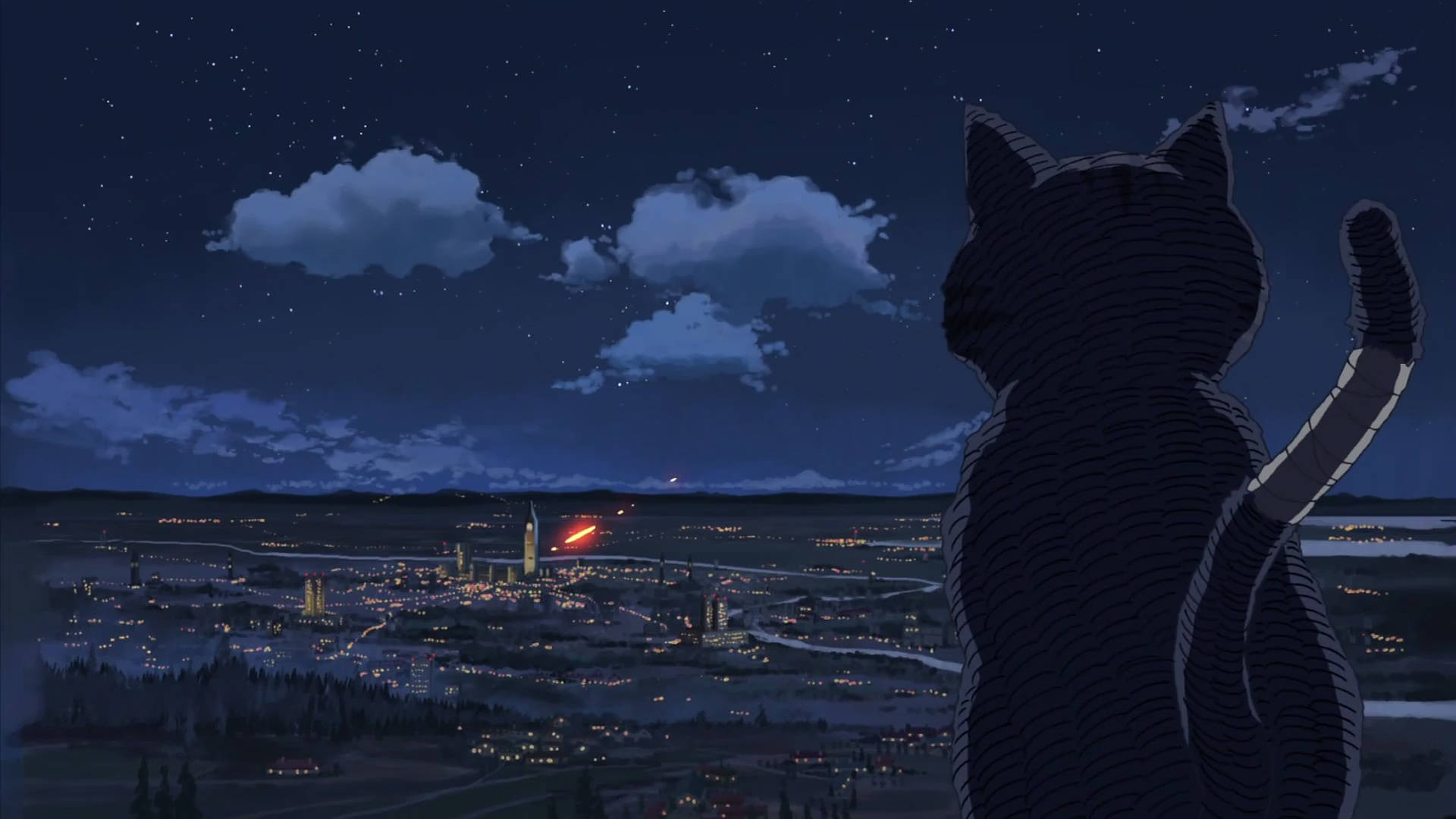 Makoto Shinkai, cats gathering chobi, glowing cityscape, Full HD Desktop Wallpaper