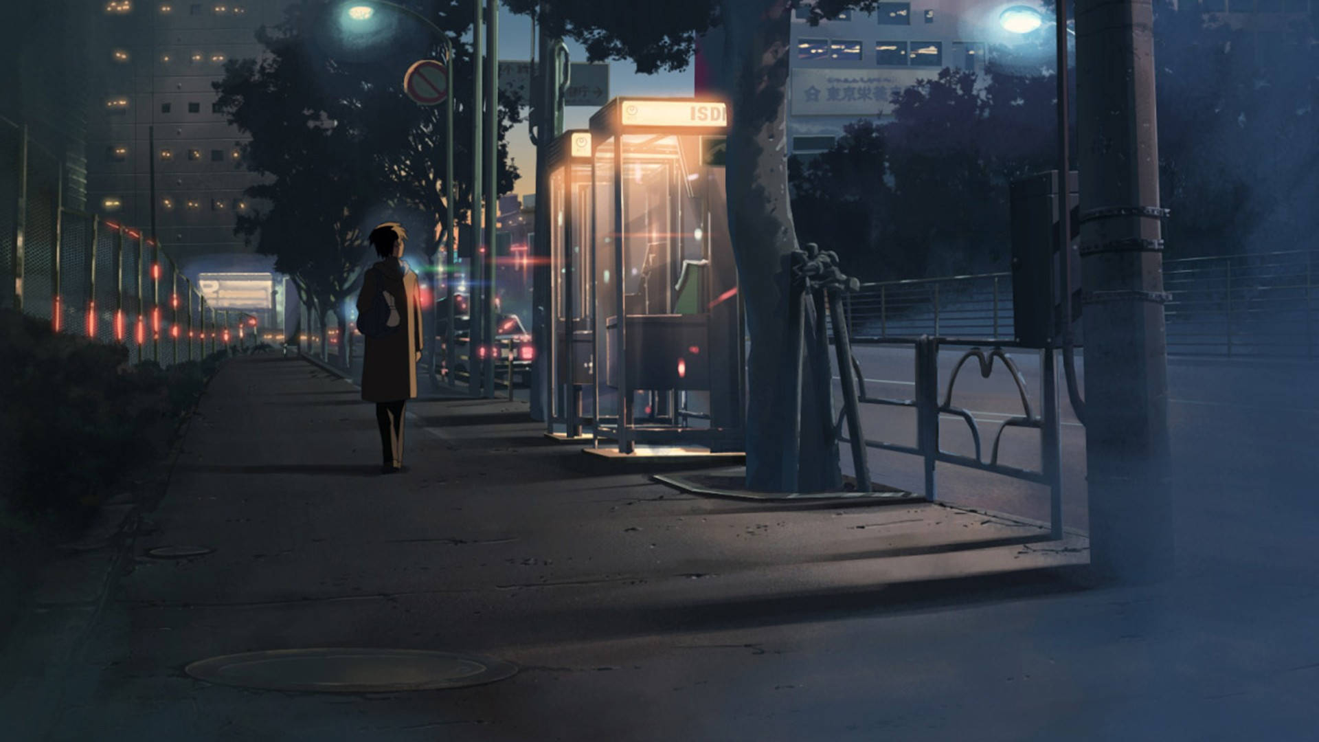 Makoto Shinkai, film night aesthetic, glowing phone booth, Full HD Desktop Wallpaper