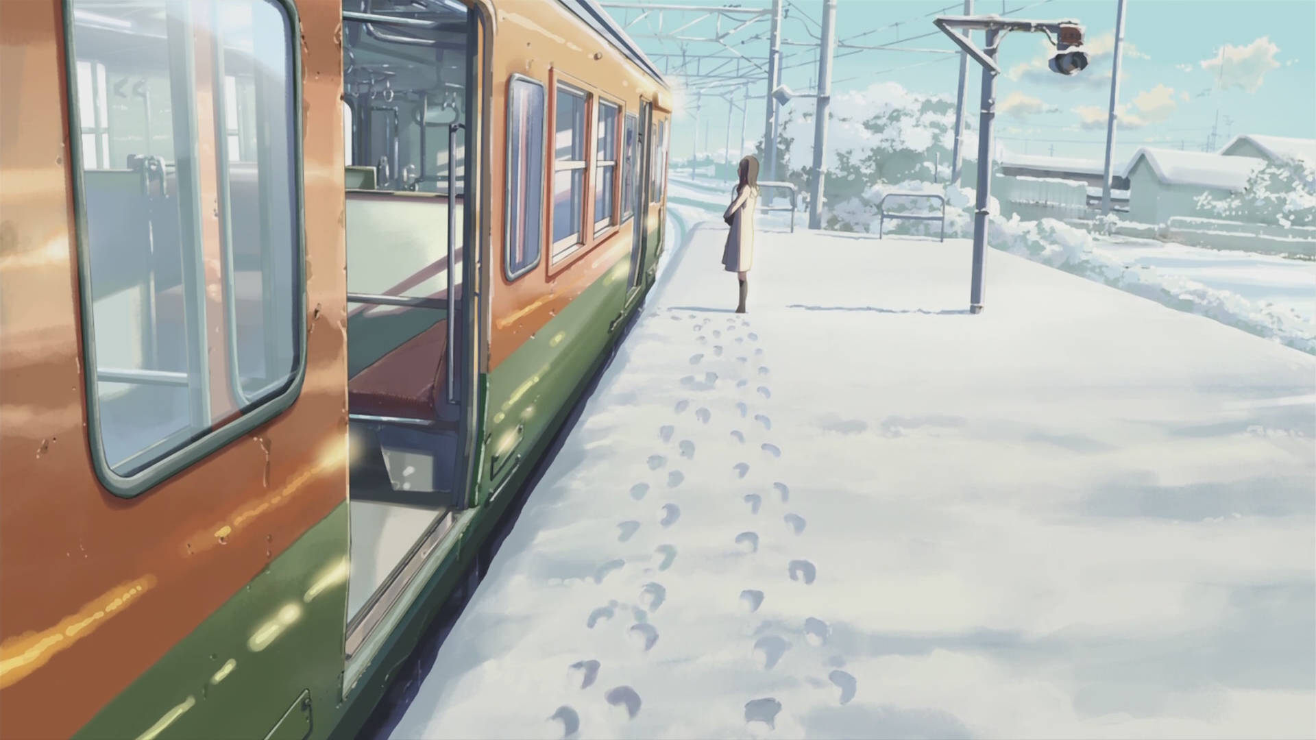 Makoto Shinkai, snow train, orange and green train, Full HD Desktop Wallpaper