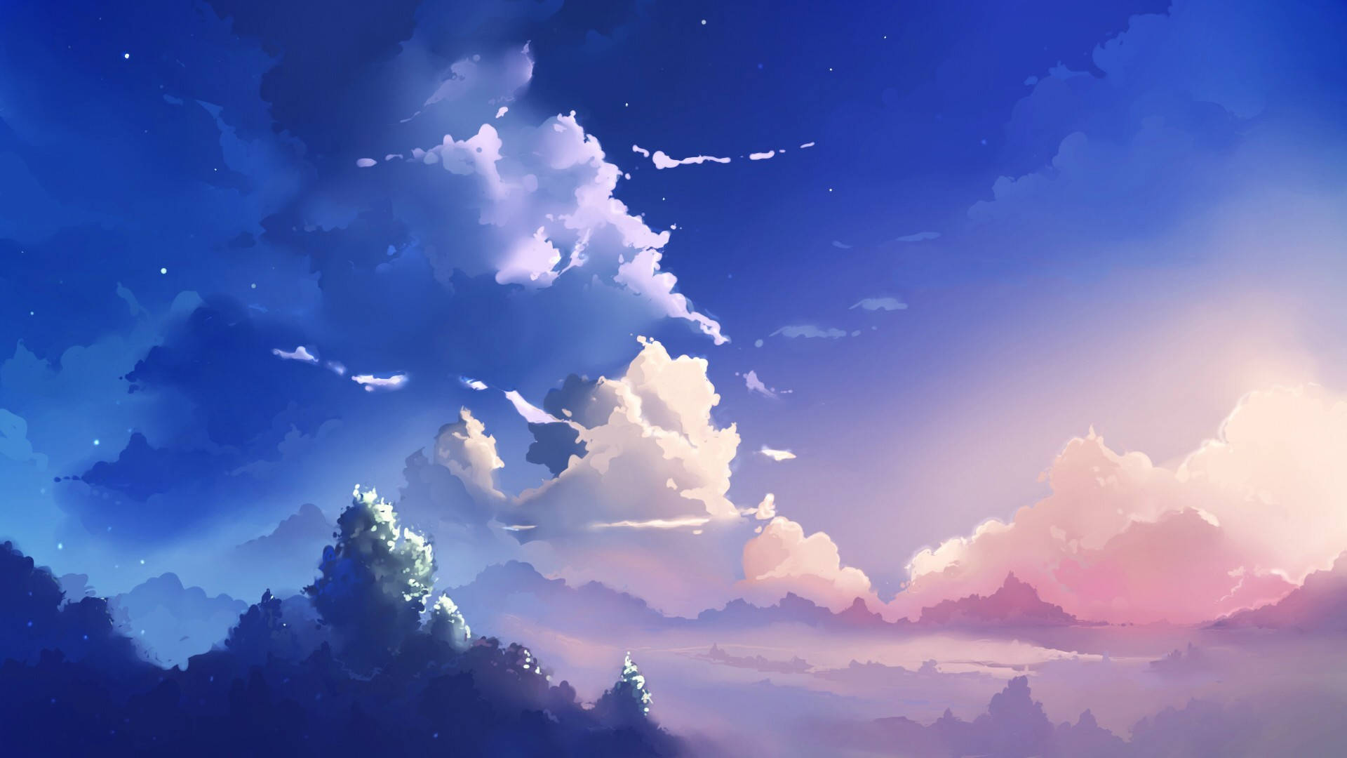 Makoto Shinkai, twilight sky, soft pink and blue clouds, Full HD Desktop Wallpaper