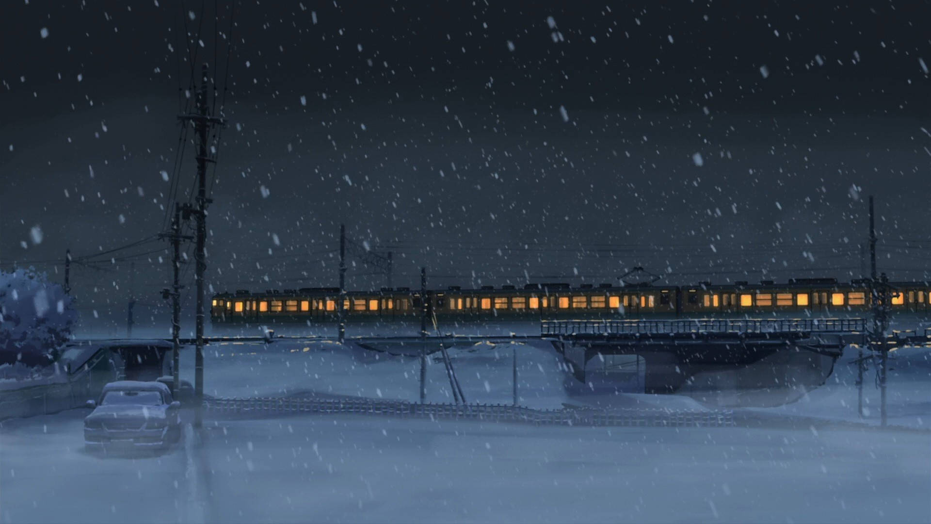 Makoto Shinkai, snow-covered train bridge, night, Full HD Desktop Wallpaper