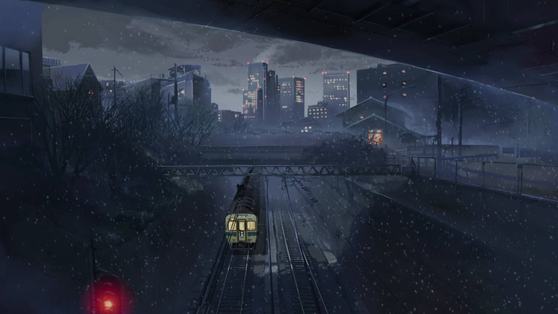 Makoto Shinkai, winter night, snowy urban tunnel, Full HD Desktop Wallpaper