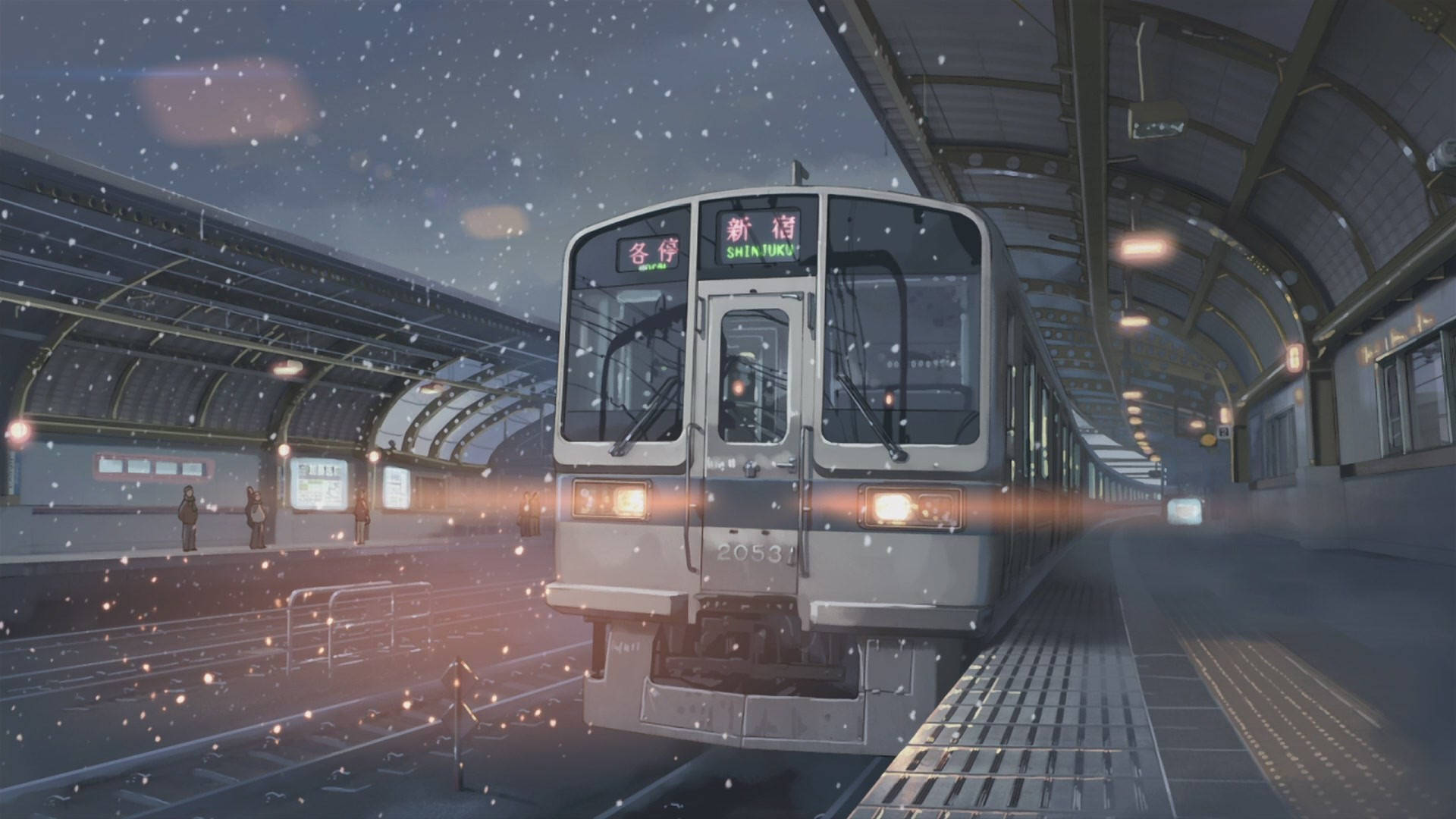 Makoto Shinkai, starry night sky, snowy station, Full HD Desktop Wallpaper