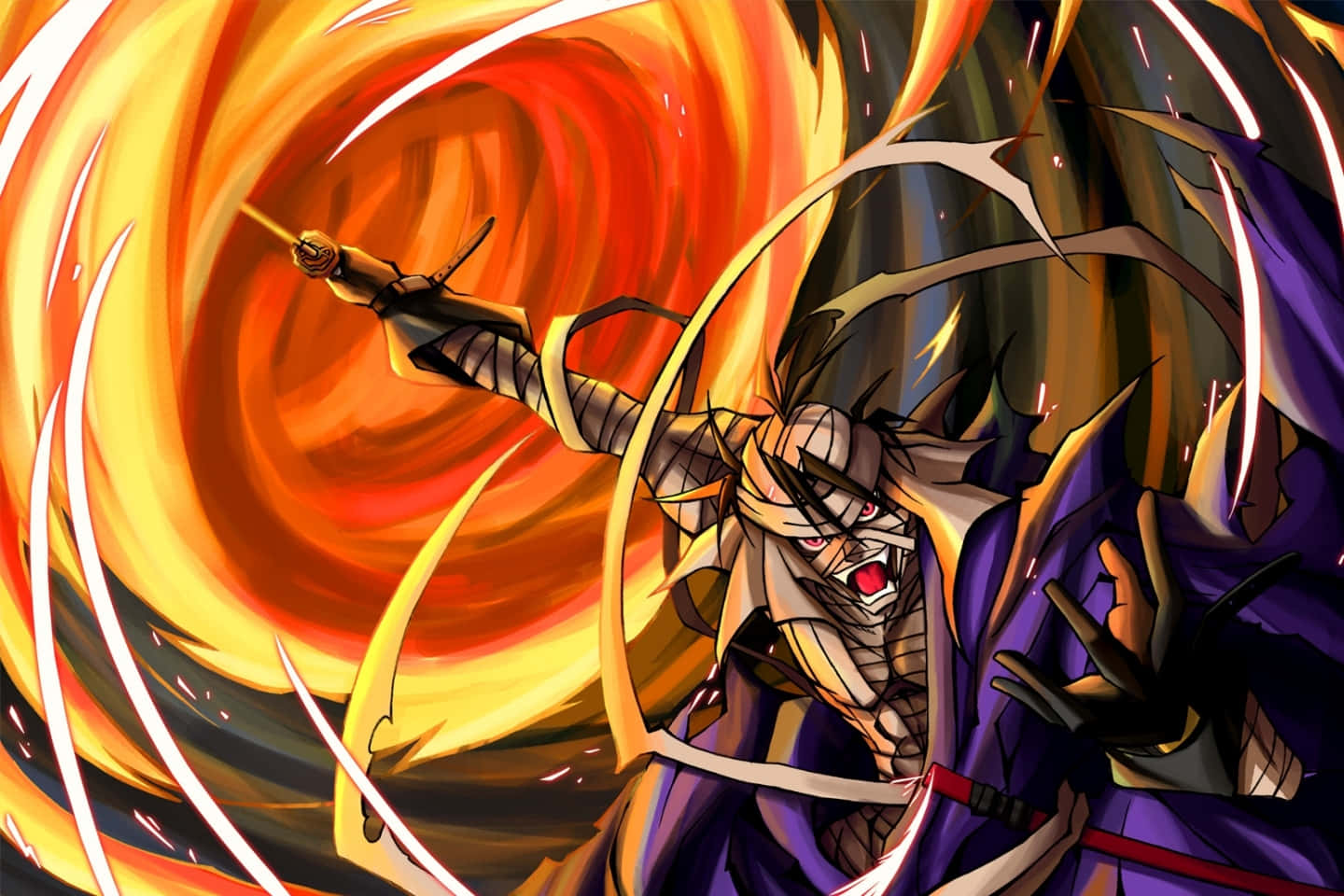 Makoto Shishio, glowing red eyes, blazing orange and yellow energy vortex, HD Desktop Wallpaper