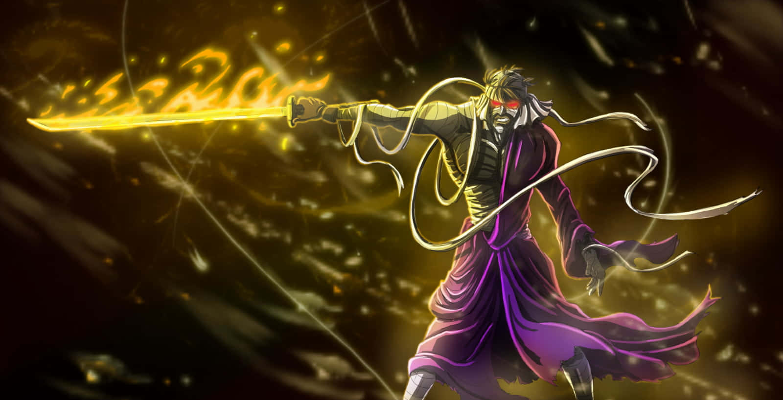 Makoto Shishio, purple robe, glowing golden sword, HD Desktop Wallpaper