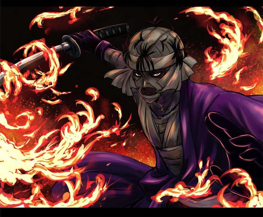 Makoto Shishio, purple robes, flaming sword, SD Desktop Wallpaper