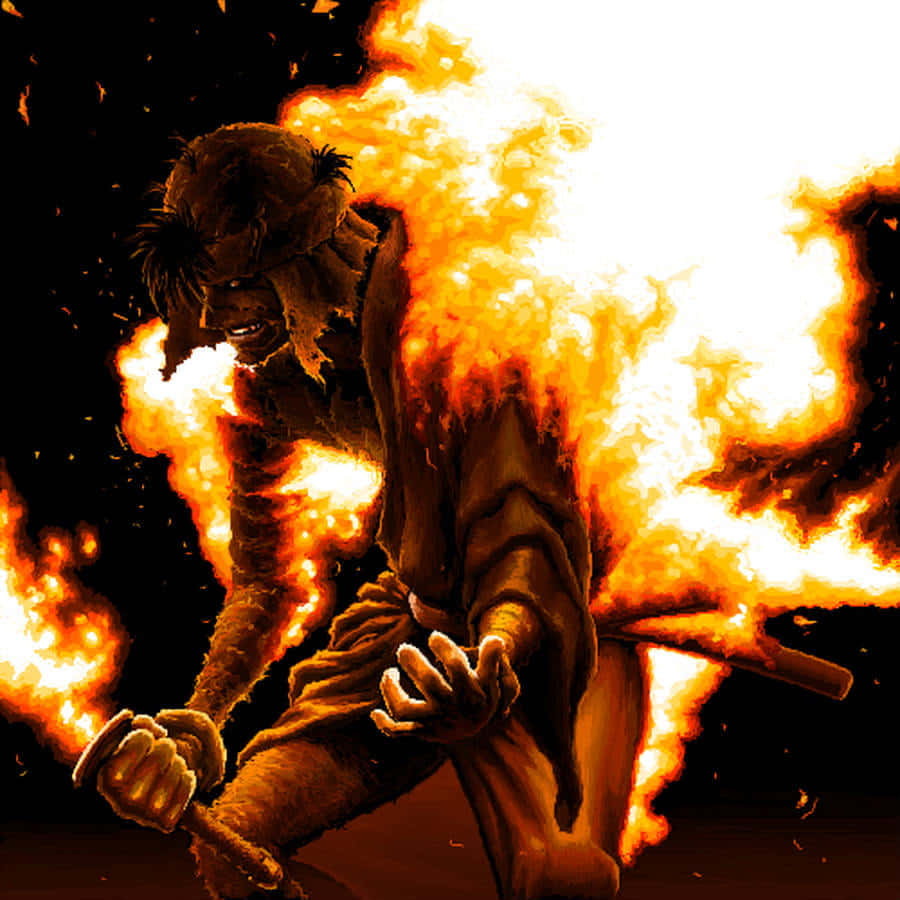 Makoto Shishio, fiery demonic figure, glowing eyes, SD Desktop Wallpaper