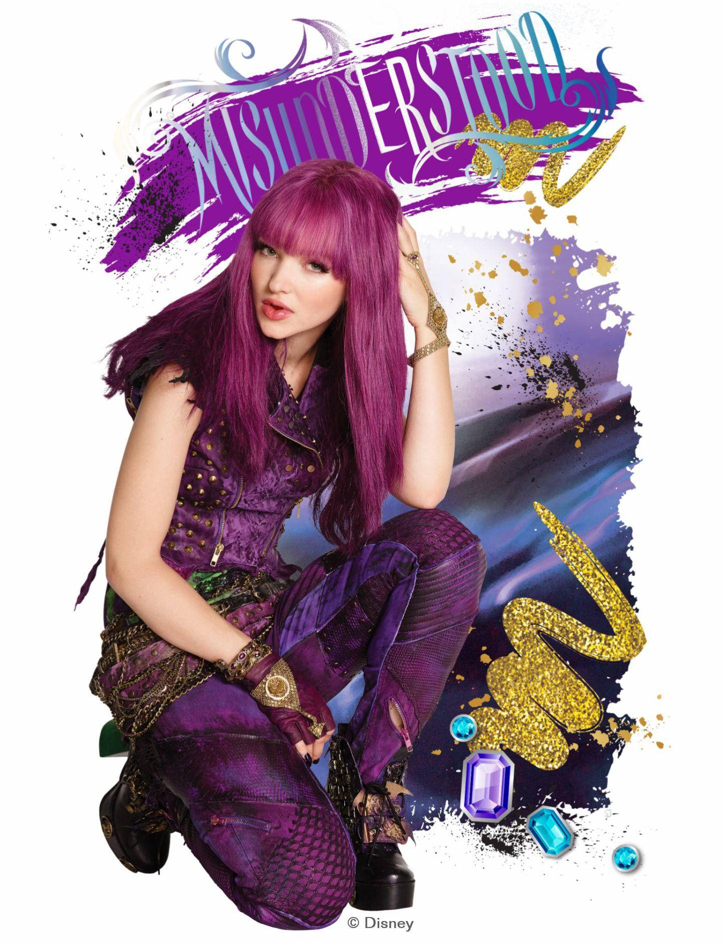 Mal Descendants, purple hair, glittery purple and gold abstract background, HD Phone Wallpaper