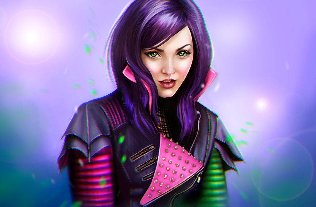 Mal Descendants, purple hair, glowing green eyes, SD Desktop Wallpaper