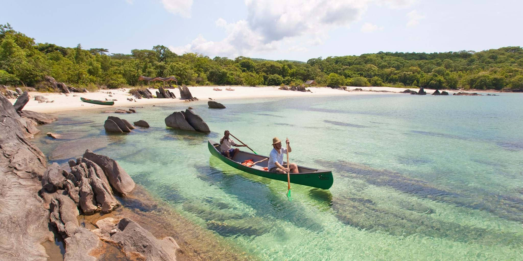 Malawi, men rowing boat, green canoe, Full HD Desktop Wallpaper
