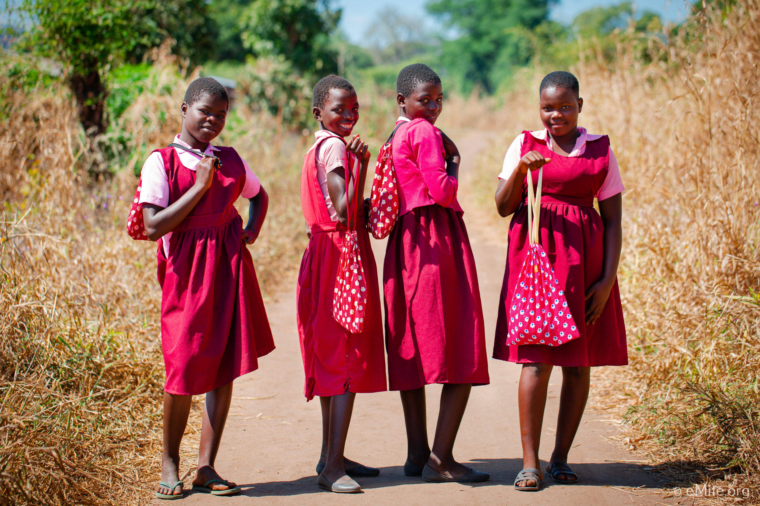 Malawi, red dress, schoolgirls, 2K Desktop Wallpaper
