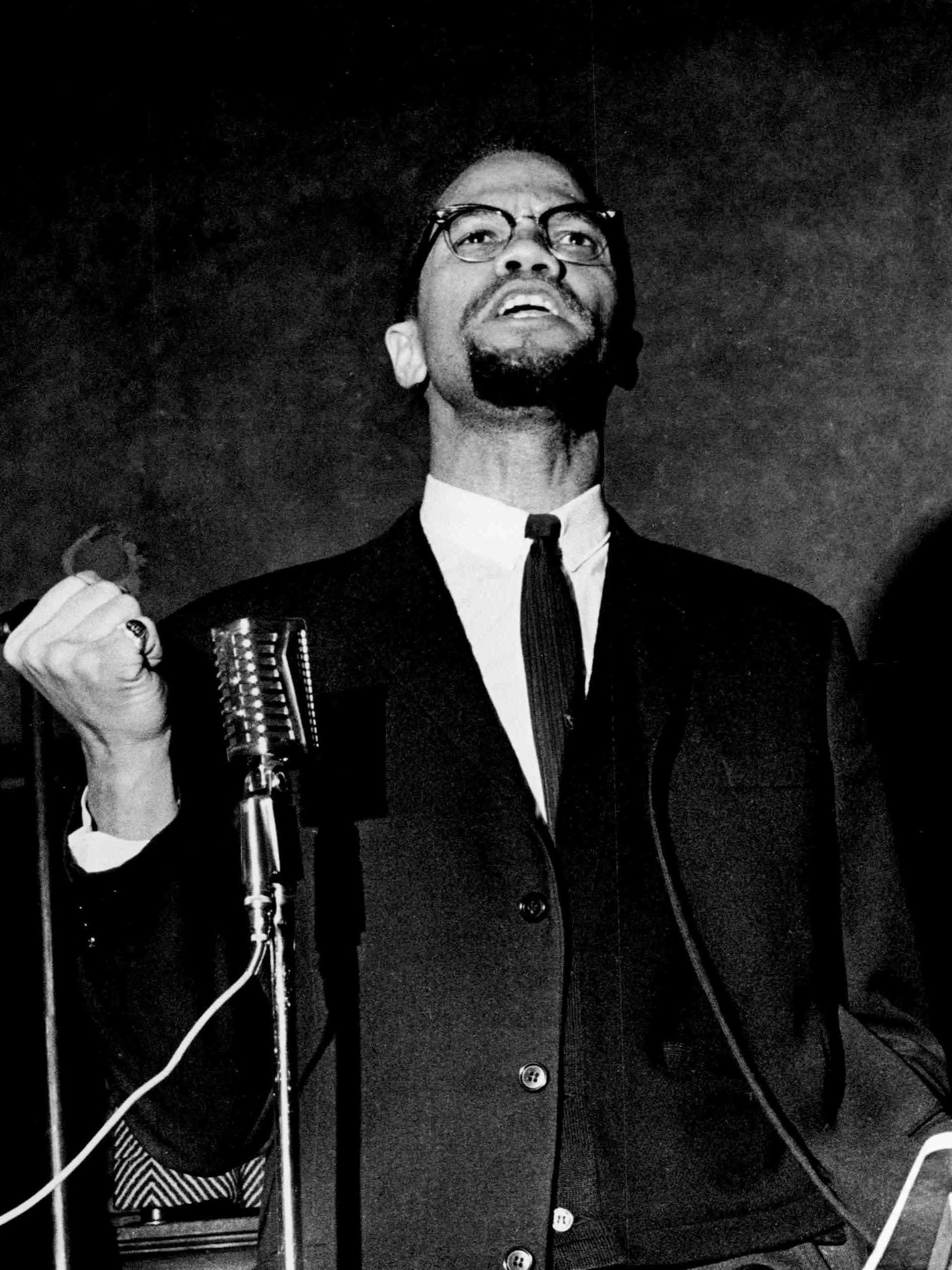 Malcolm X, vintage microphone, clenched fist, Full HD Phone Wallpaper