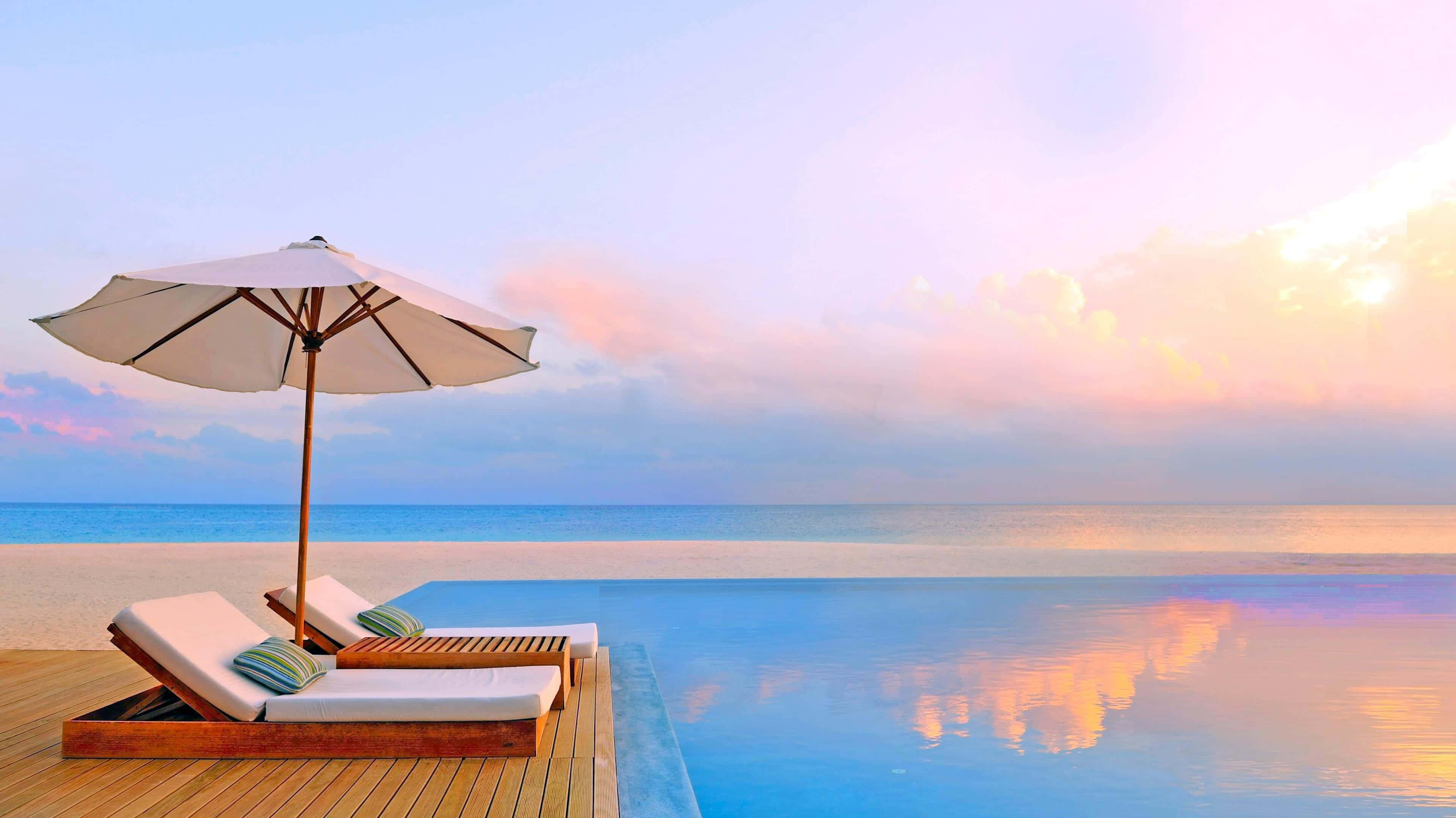Maldives Beach, infinity pool, sunset, 4K Desktop Wallpaper