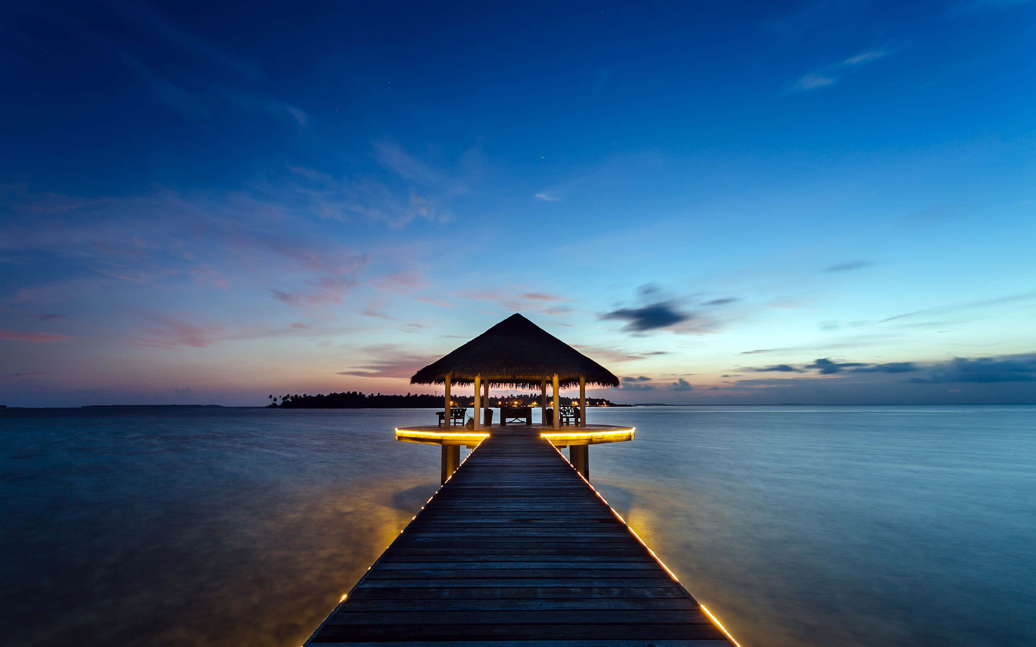 Maldives Beach, wooden pier, calm ocean water, 2K Desktop Wallpaper