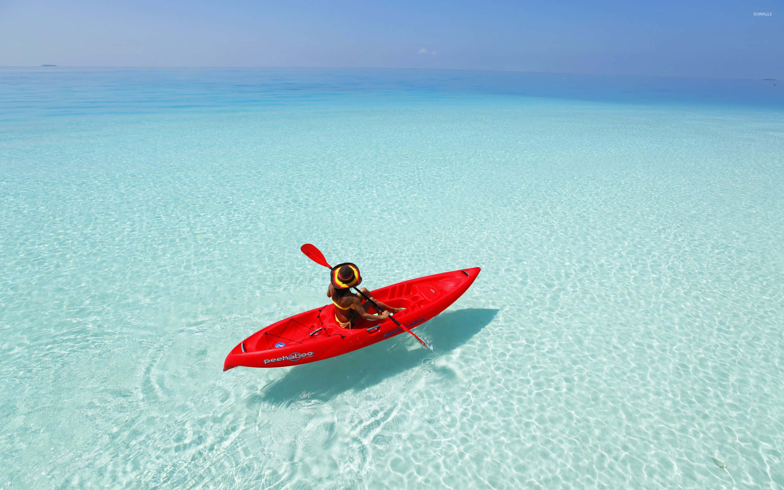 Maldives Beach, breathtaking view at sunset, vibrant red kayak, 2K Desktop Wallpaper