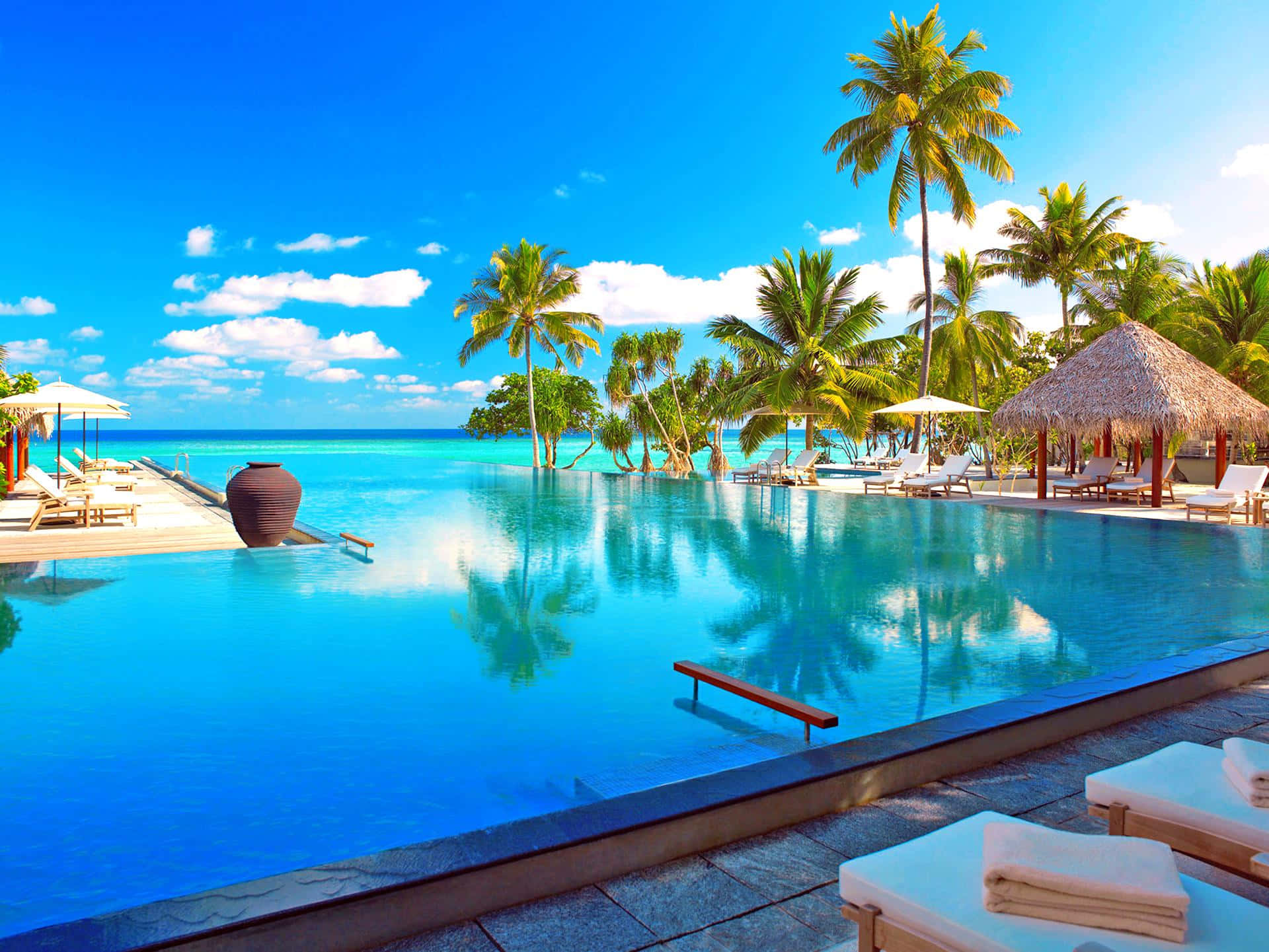 Maldives Beach, infinity pool, turquoise ocean, Full HD Desktop Wallpaper