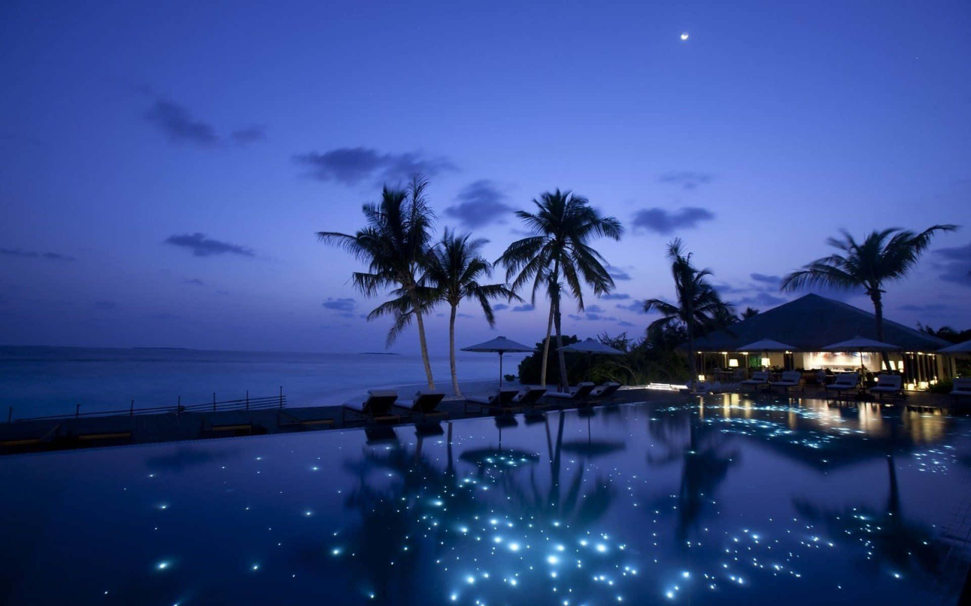 Maldives Beach, infinity pool, twilight, Full HD Desktop Wallpaper