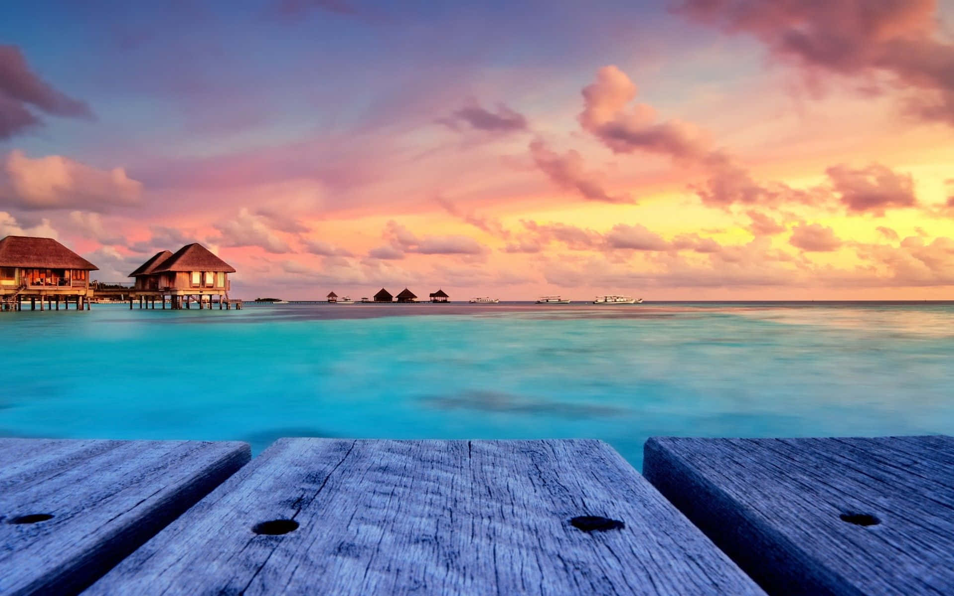 Maldives Beach, sunset, pastel clouds, Full HD Desktop Wallpaper