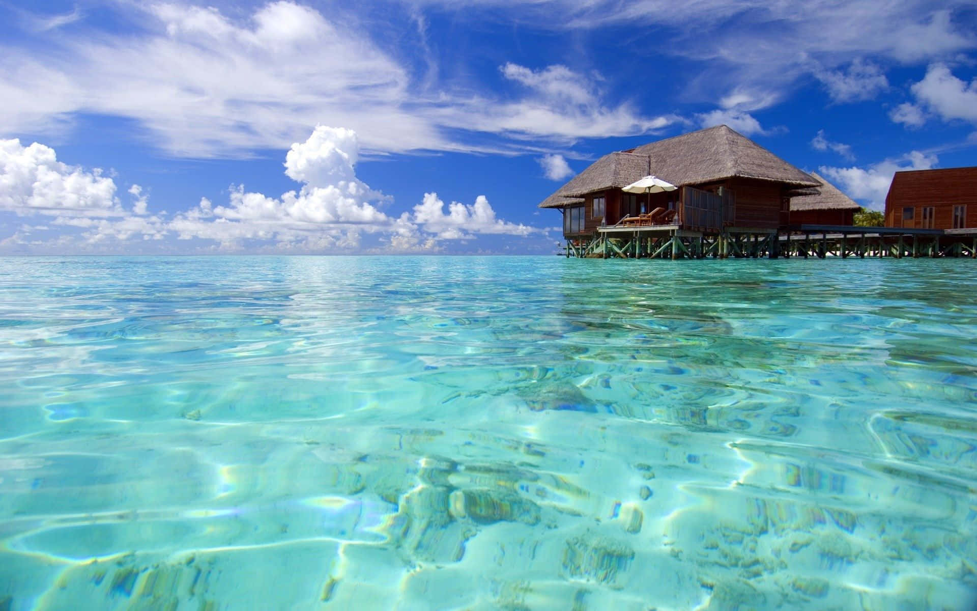 Maldives Beach, turquoise water, wooden overwater bungalows, Full HD Desktop Wallpaper