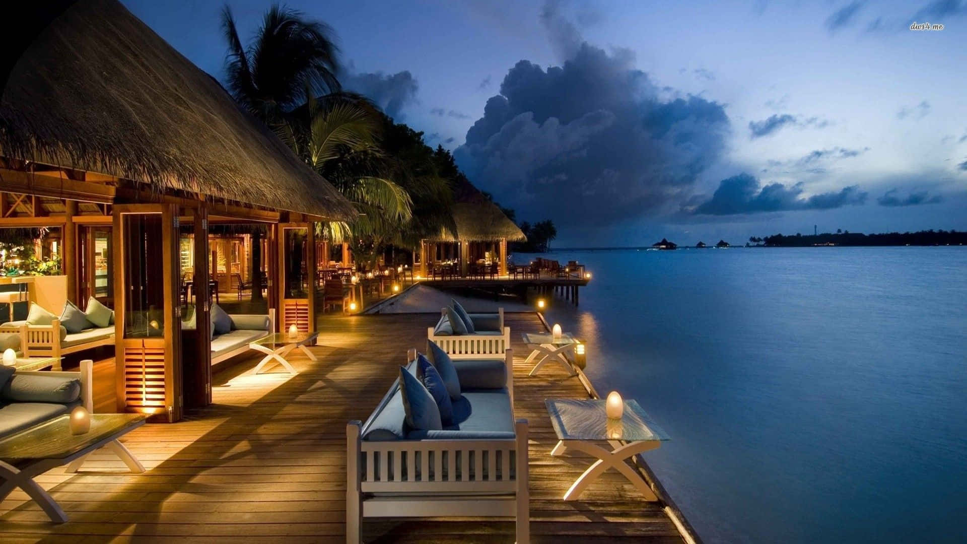 Maldives Beach, twilight sky, warmly lit wooden deck, Full HD Desktop Wallpaper
