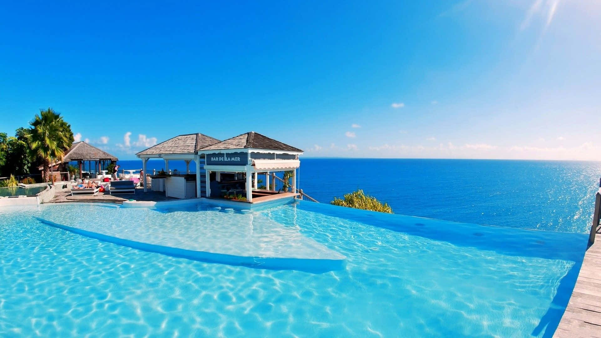 Maldives Beach, infinity pool, vast blue ocean, Full HD Desktop Wallpaper