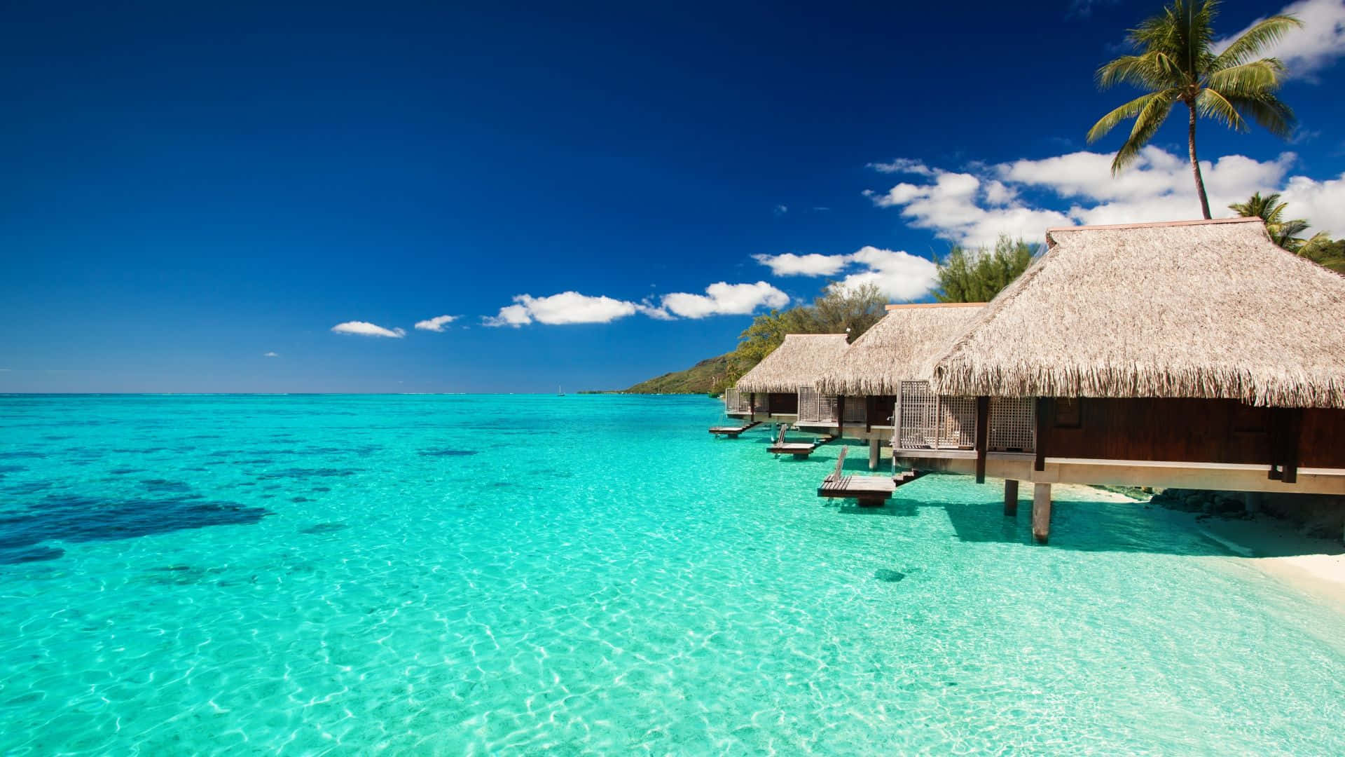 Maldives Beach, overwater bungalows, thatched roofs, Full HD Desktop Wallpaper