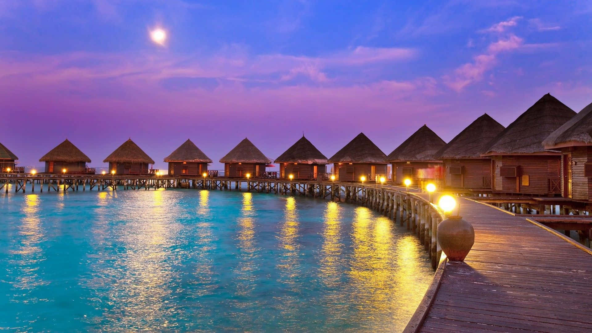 Maldives Beach, overwater bungalows, twilight sky, Full HD Desktop Wallpaper