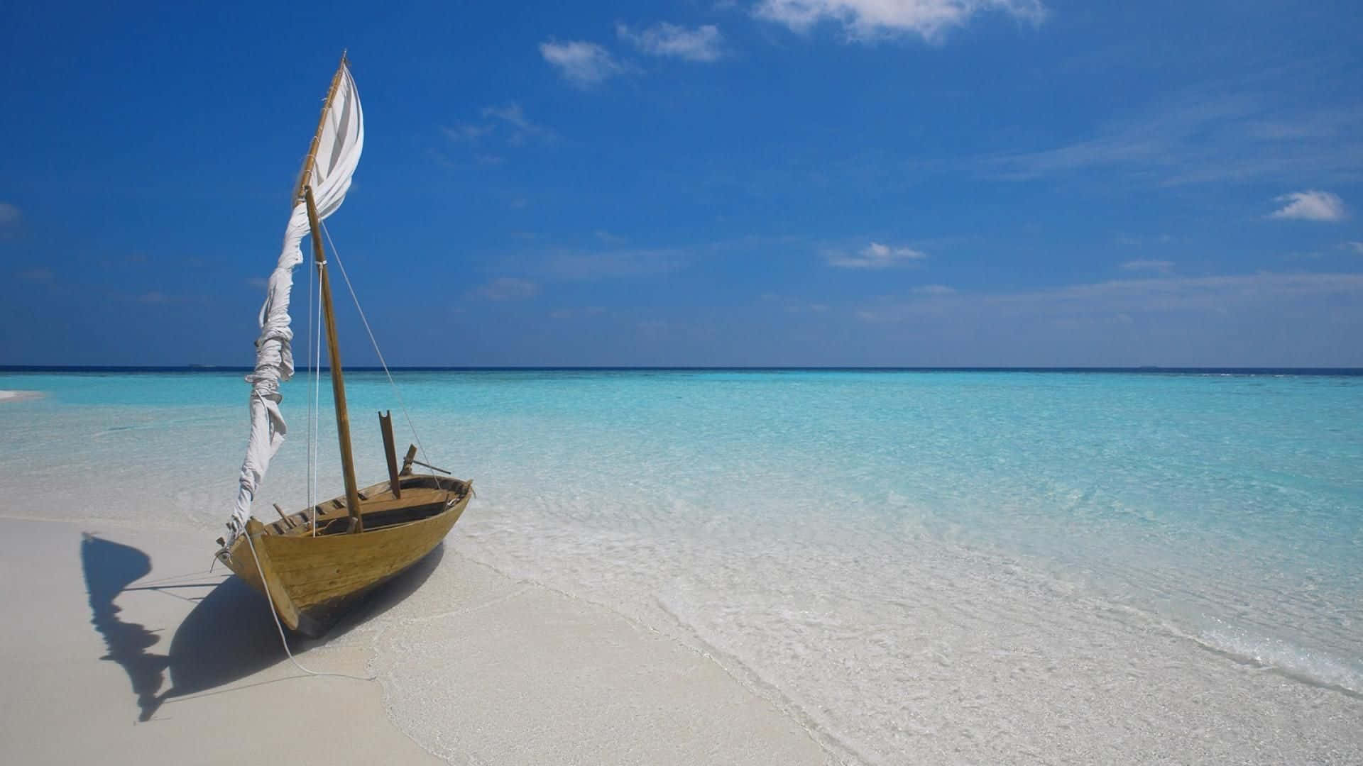 Maldives Beach, wooden sailboat, pristine white sand, Full HD Desktop Wallpaper