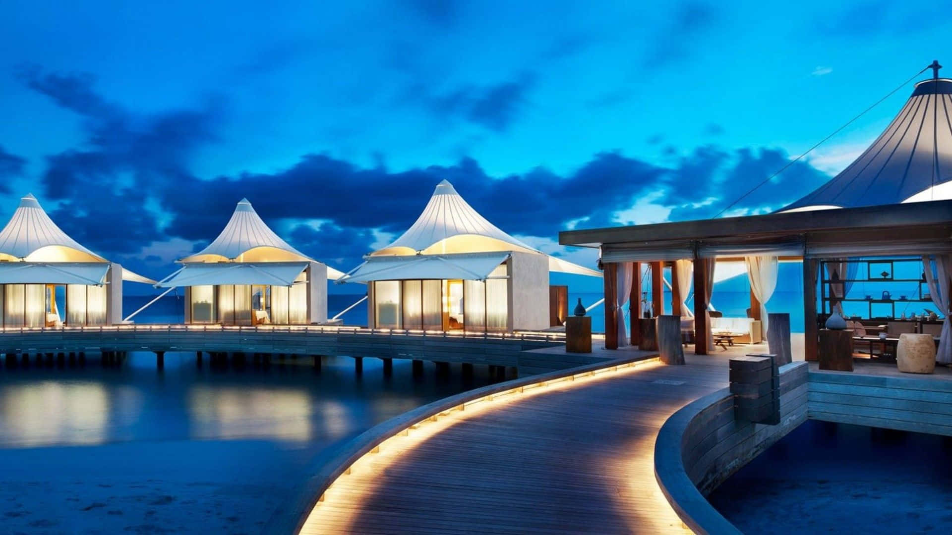 Maldives Beach, sunset, overwater bungalows, Full HD Desktop Wallpaper