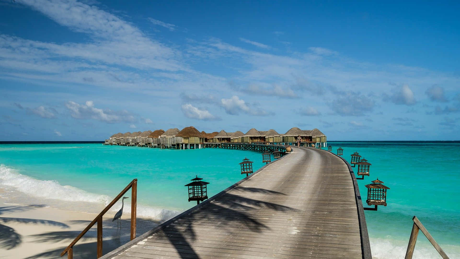 Maldives Beach, wooden pier, turquoise waters, Full HD Desktop Wallpaper