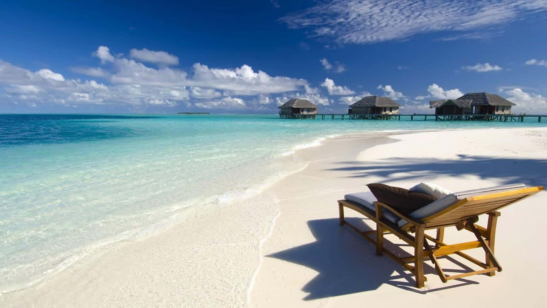 Maldives Beach, wooden lounge chair, pristine white sand, Full HD Desktop Wallpaper