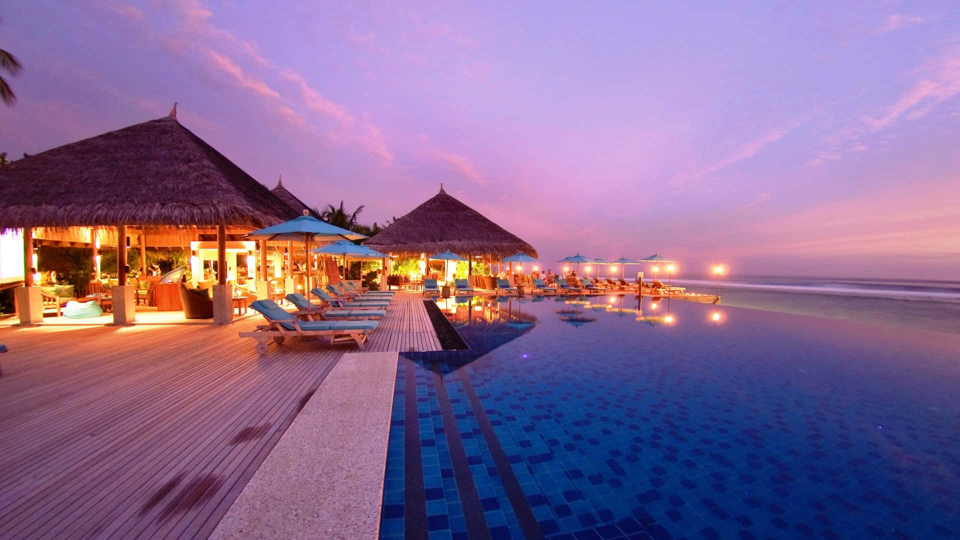 Maldives Beach, infinity pool, twilight, Full HD Desktop Wallpaper