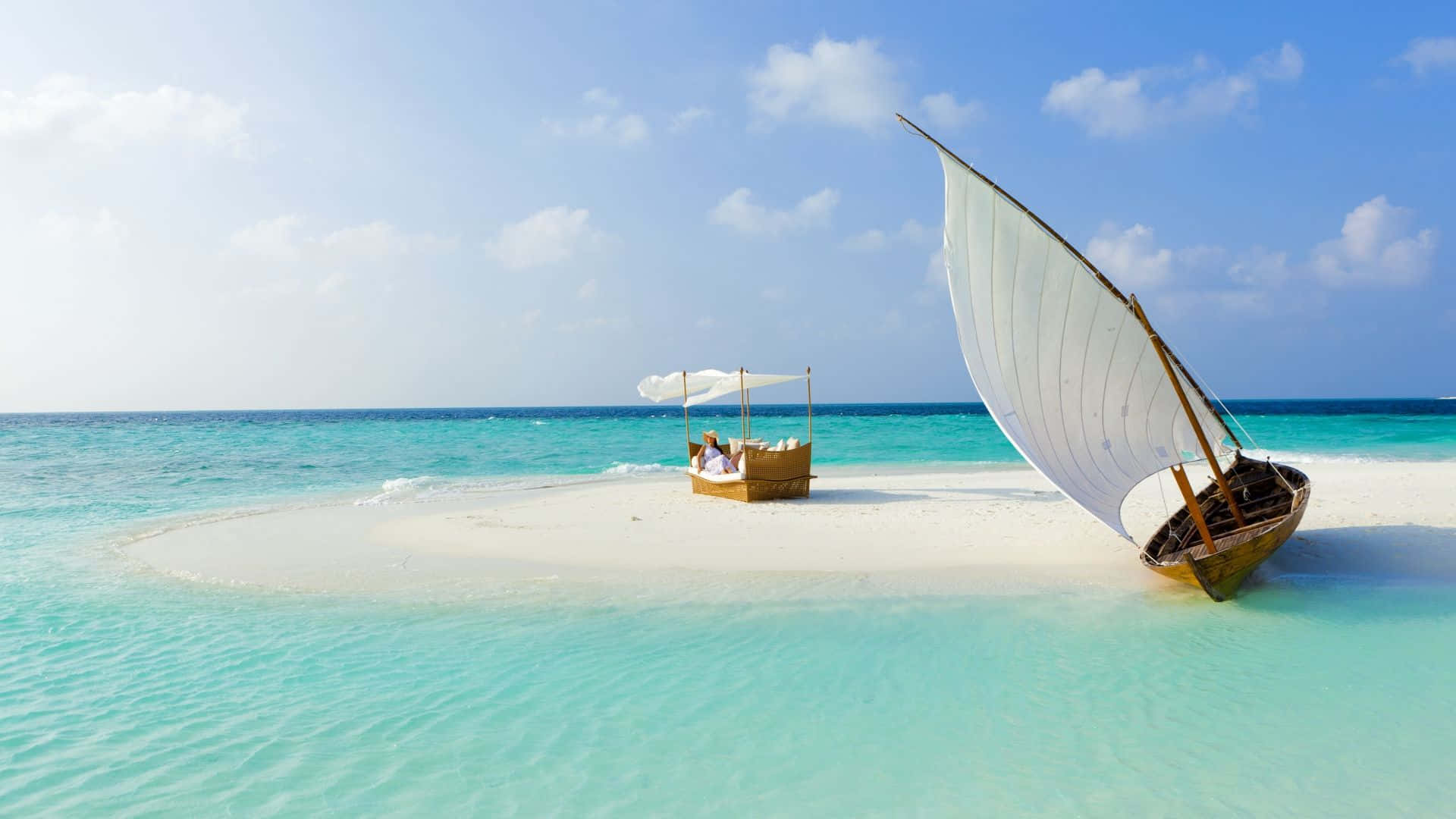 Maldives Beach, dhow sailboat, white sandbar, Full HD Desktop Wallpaper