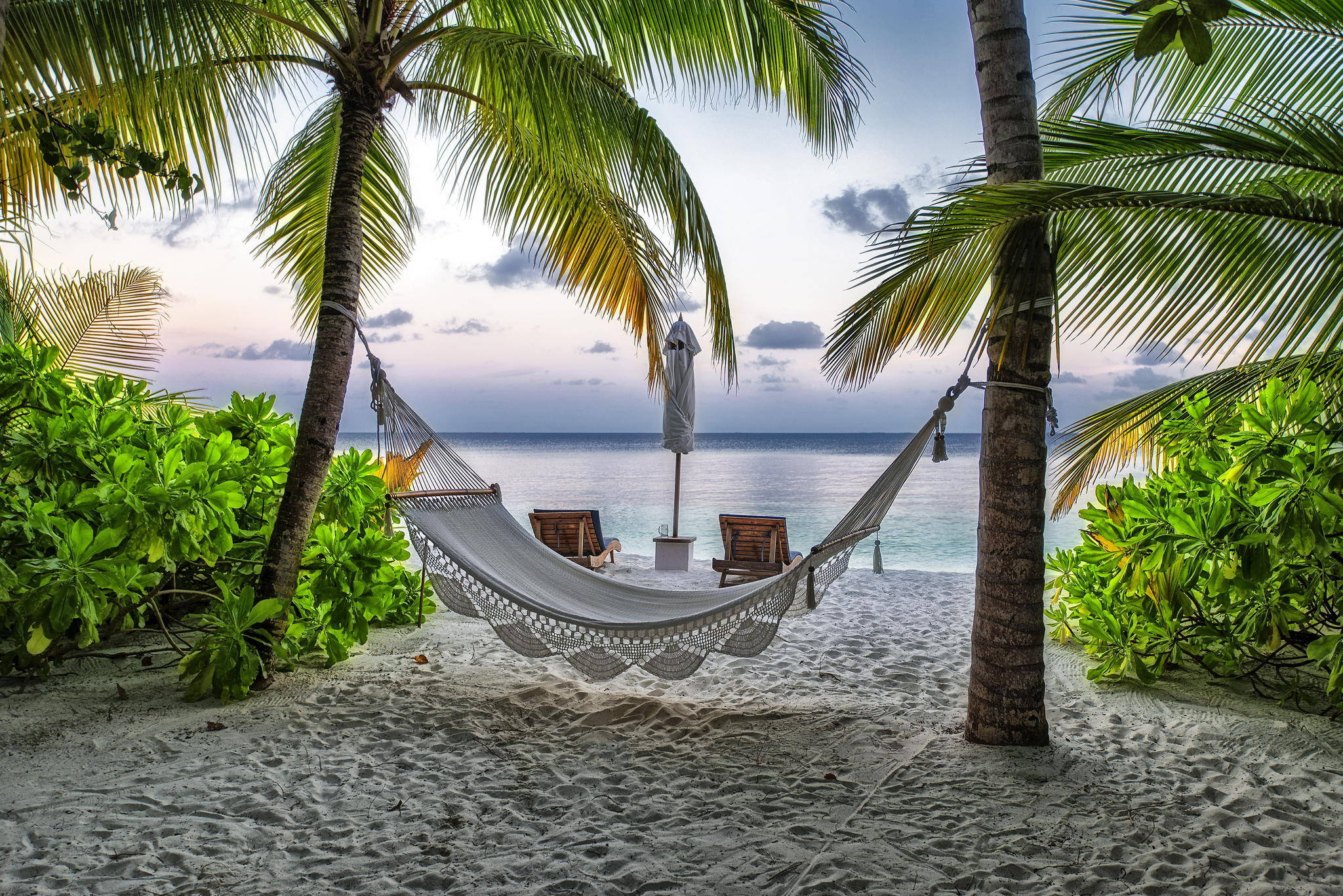 Maldives, sandy beach, palm trees, Full HD Desktop Wallpaper