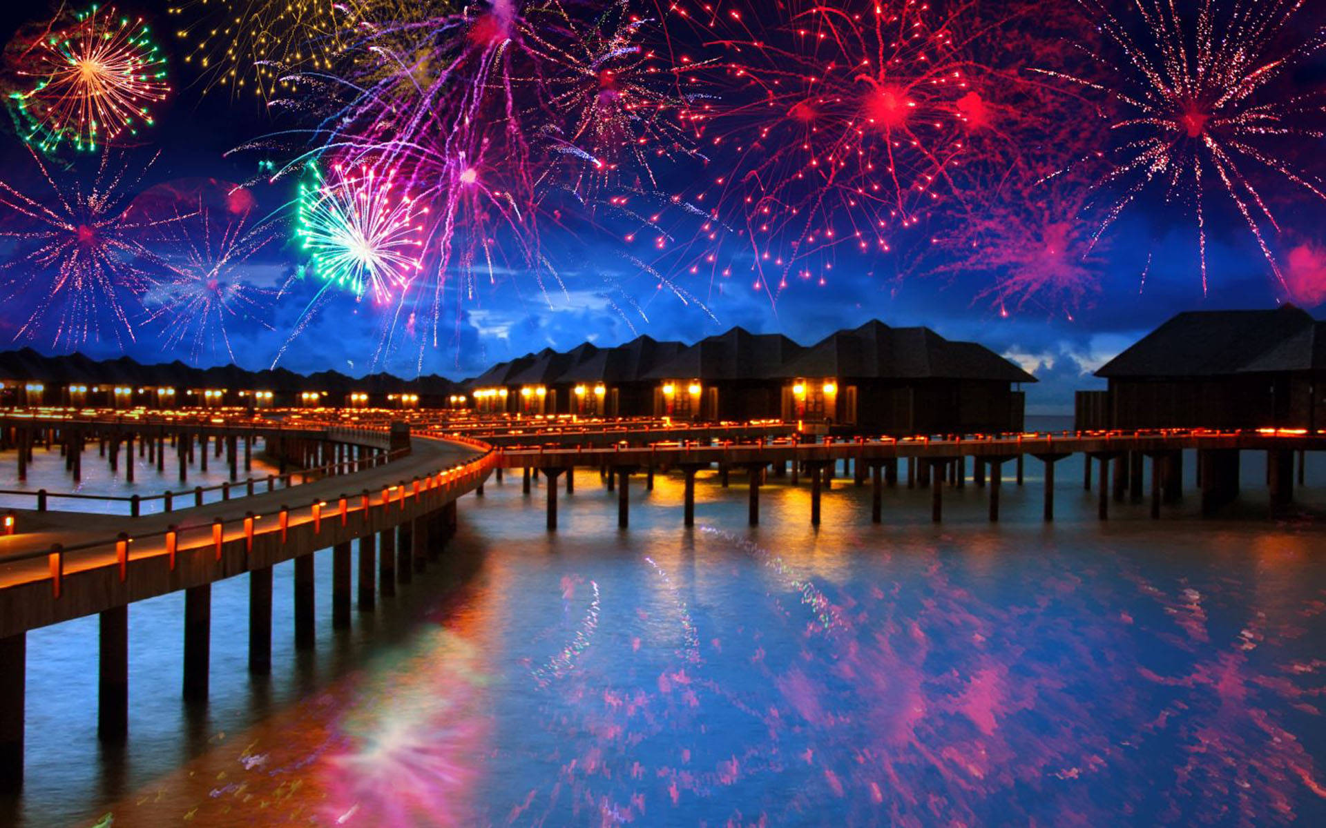 Maldives, fireworks display, luxury overwater resort, Full HD Desktop Wallpaper