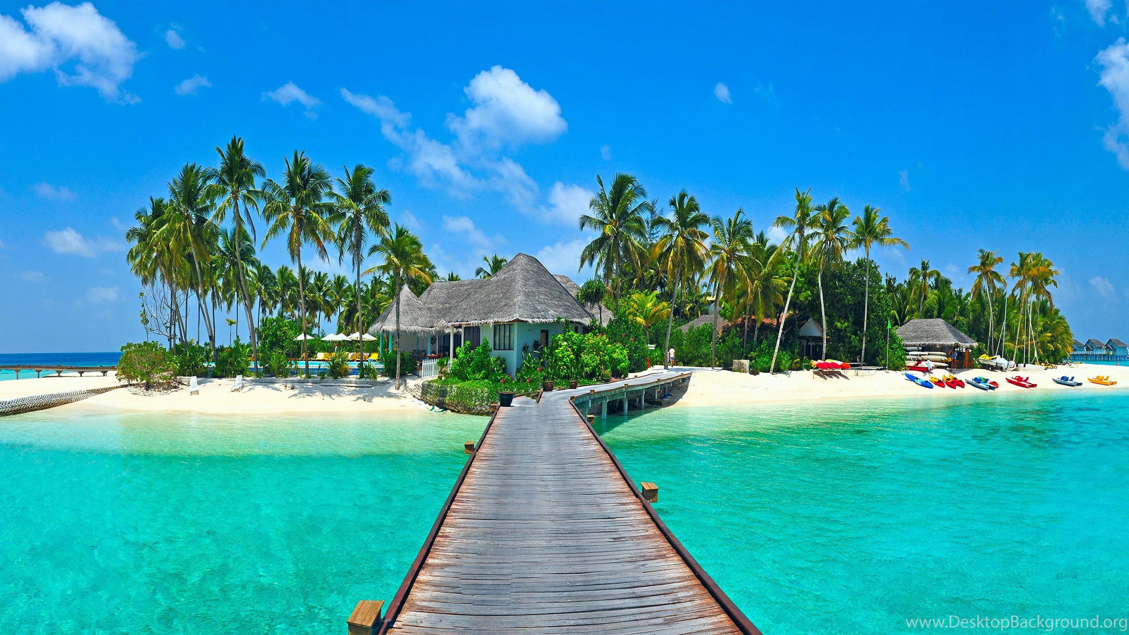 Maldives, beach scenes, wooden pier, 4K Desktop Wallpaper