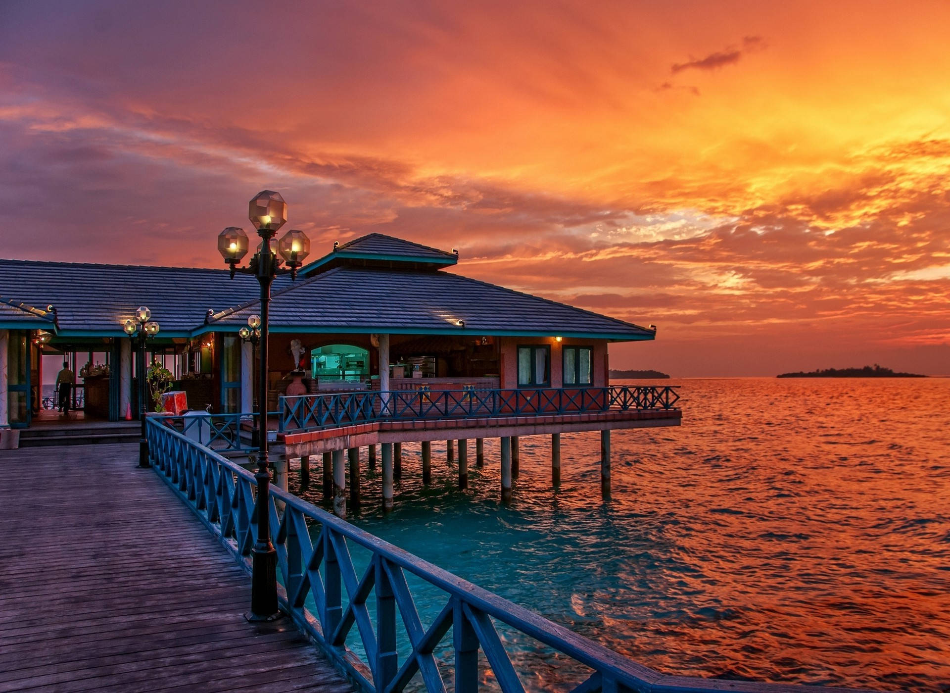 Maldives, overwater villa, sunset, Full HD Desktop Wallpaper