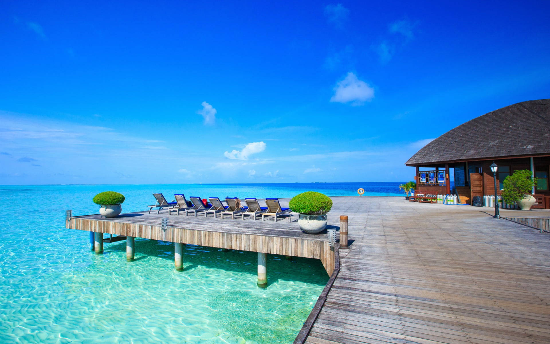 Maldives, turquoise water, wooden pier, Full HD Desktop Wallpaper