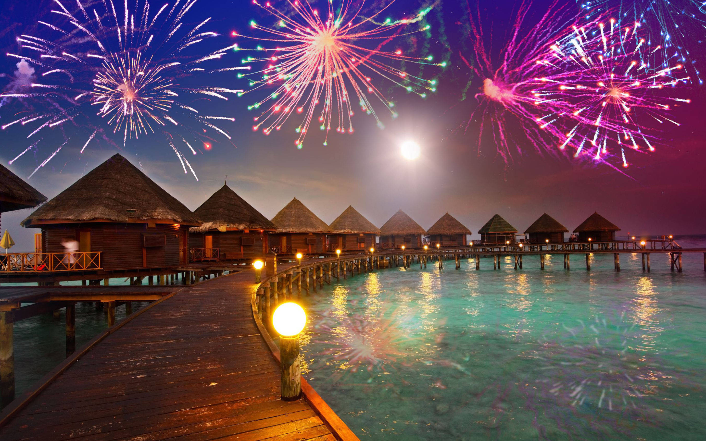 Maldives, fireworks, overwater bungalows, 2K Desktop Wallpaper