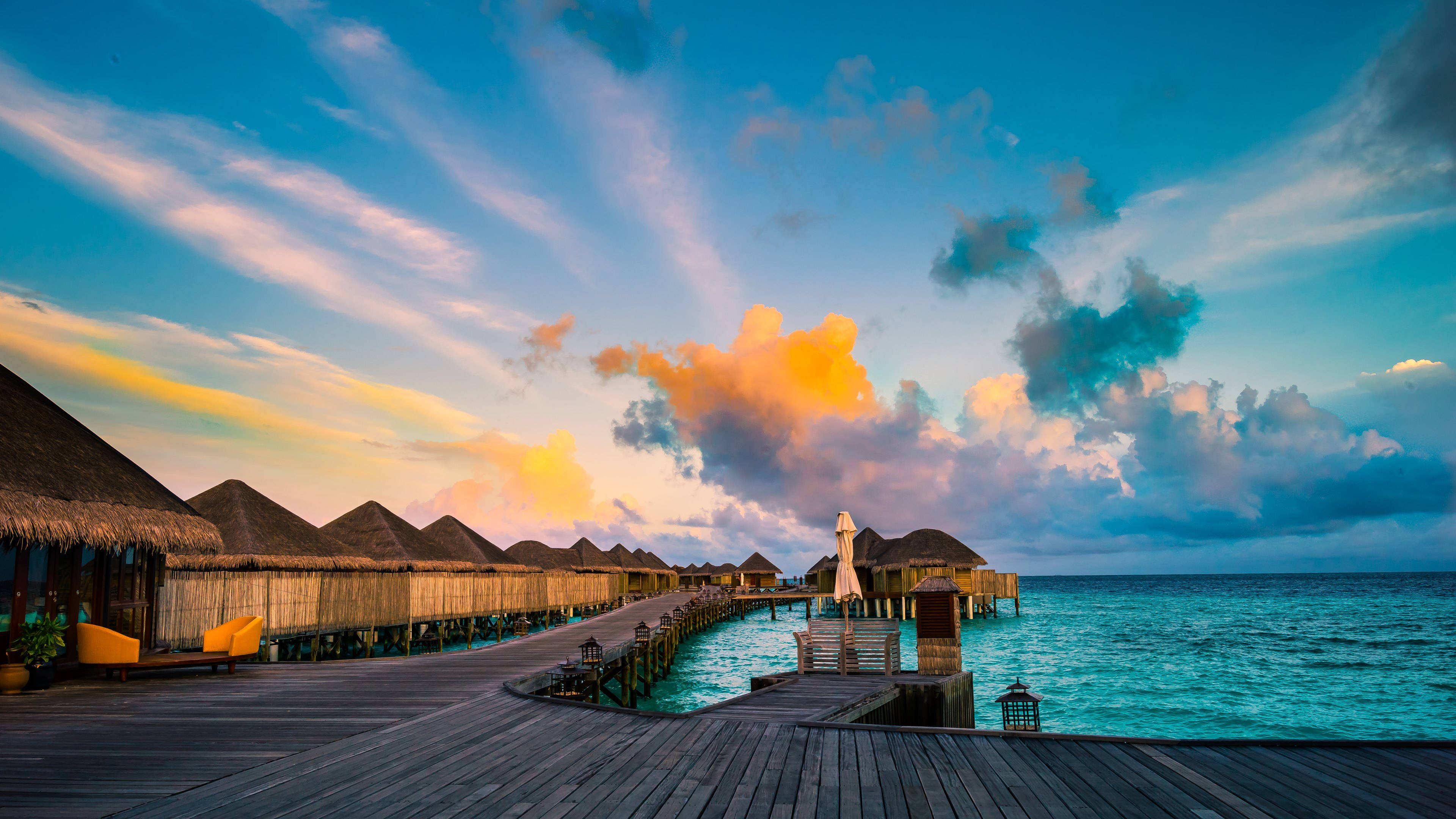 Maldives, wooden boardwalk, overwater bungalows, 4K Desktop Wallpaper
