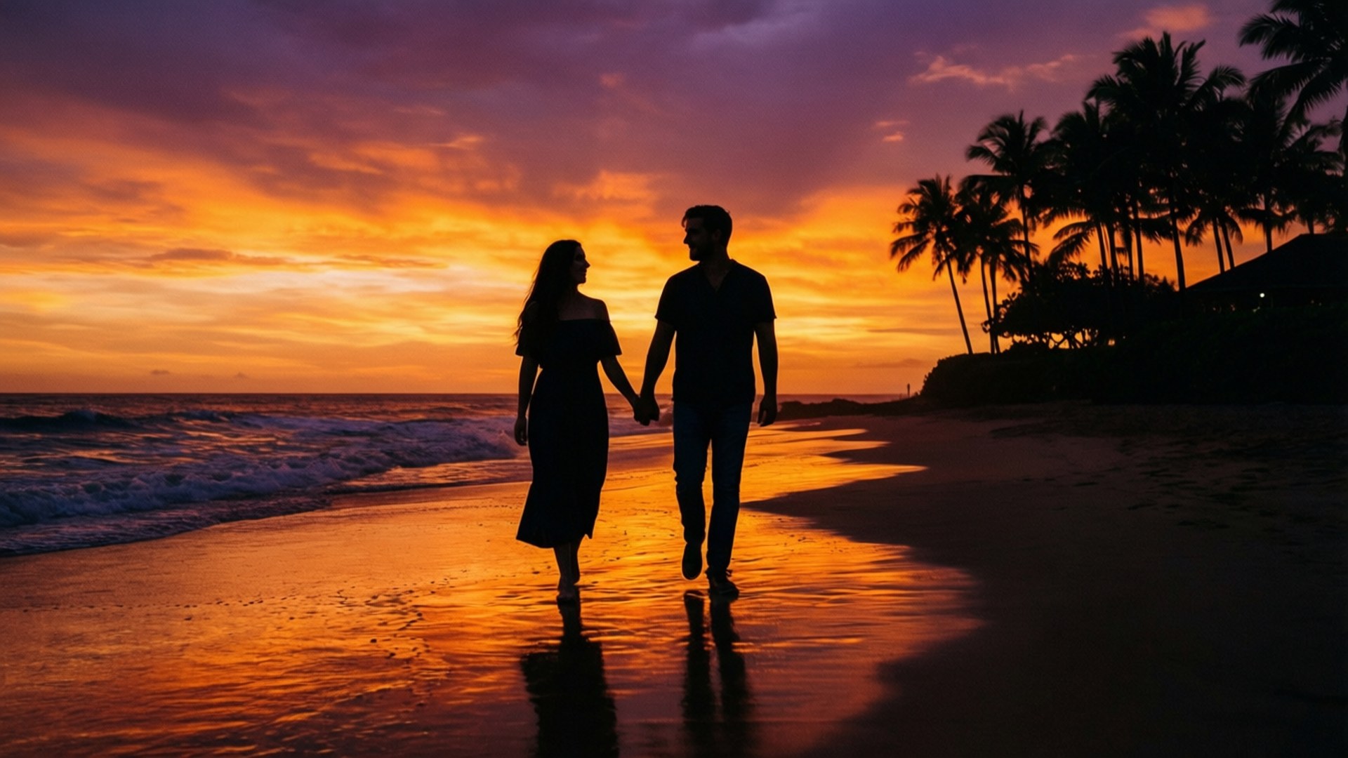 sunset, wet beach, palm trees, Full HD Desktop Wallpaper