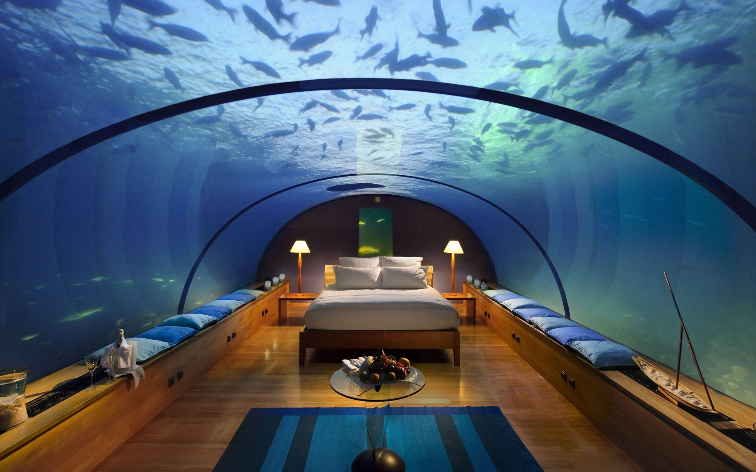 Maldives, underwater hotel, curved glass ceiling, 2K Desktop Wallpaper